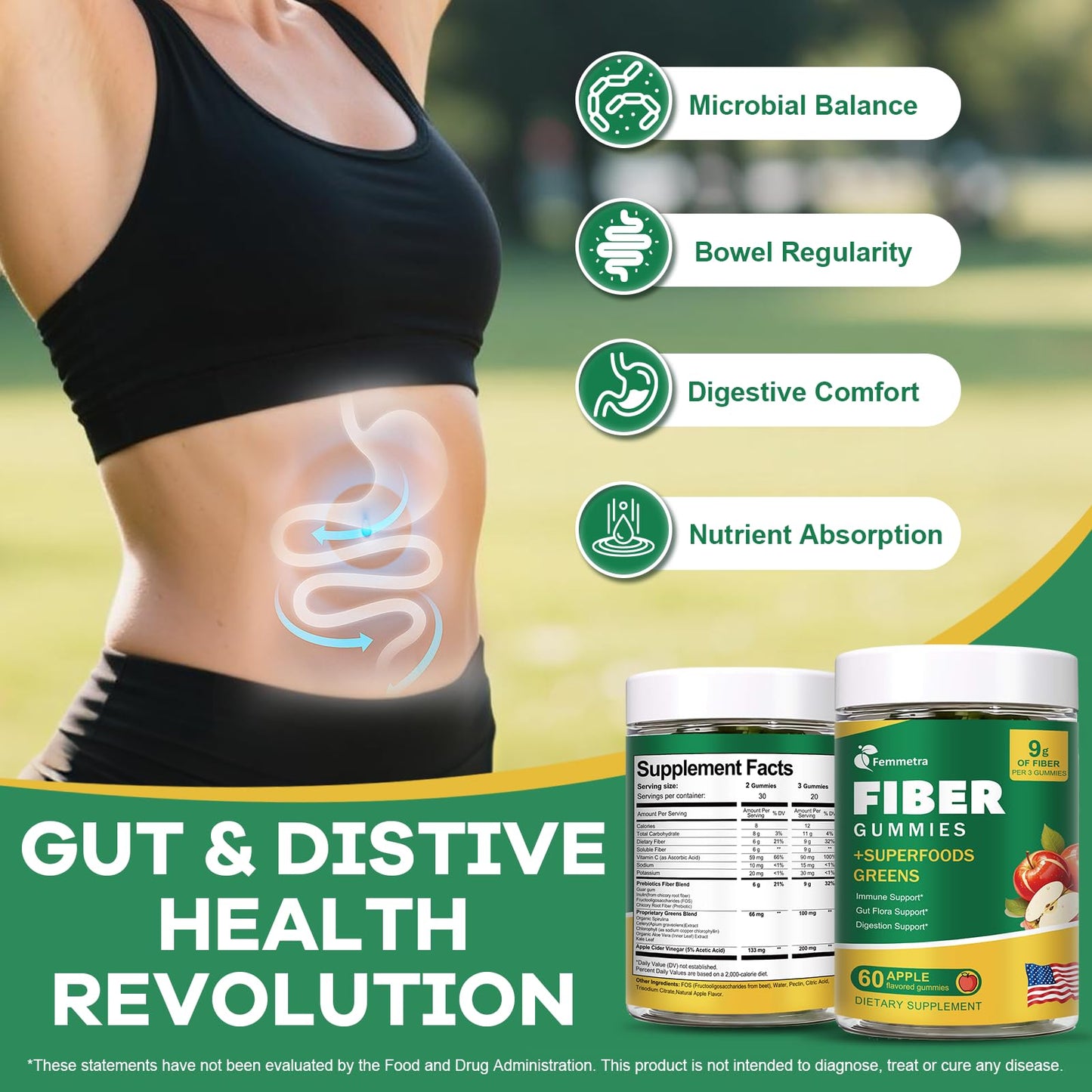 Femmetra 9G Fiber Gummies for Digestive Health & Regularity, No Sugar Added Apple Flavor, Prebiotic Fiber Supplement with Greens, 120 Gummies