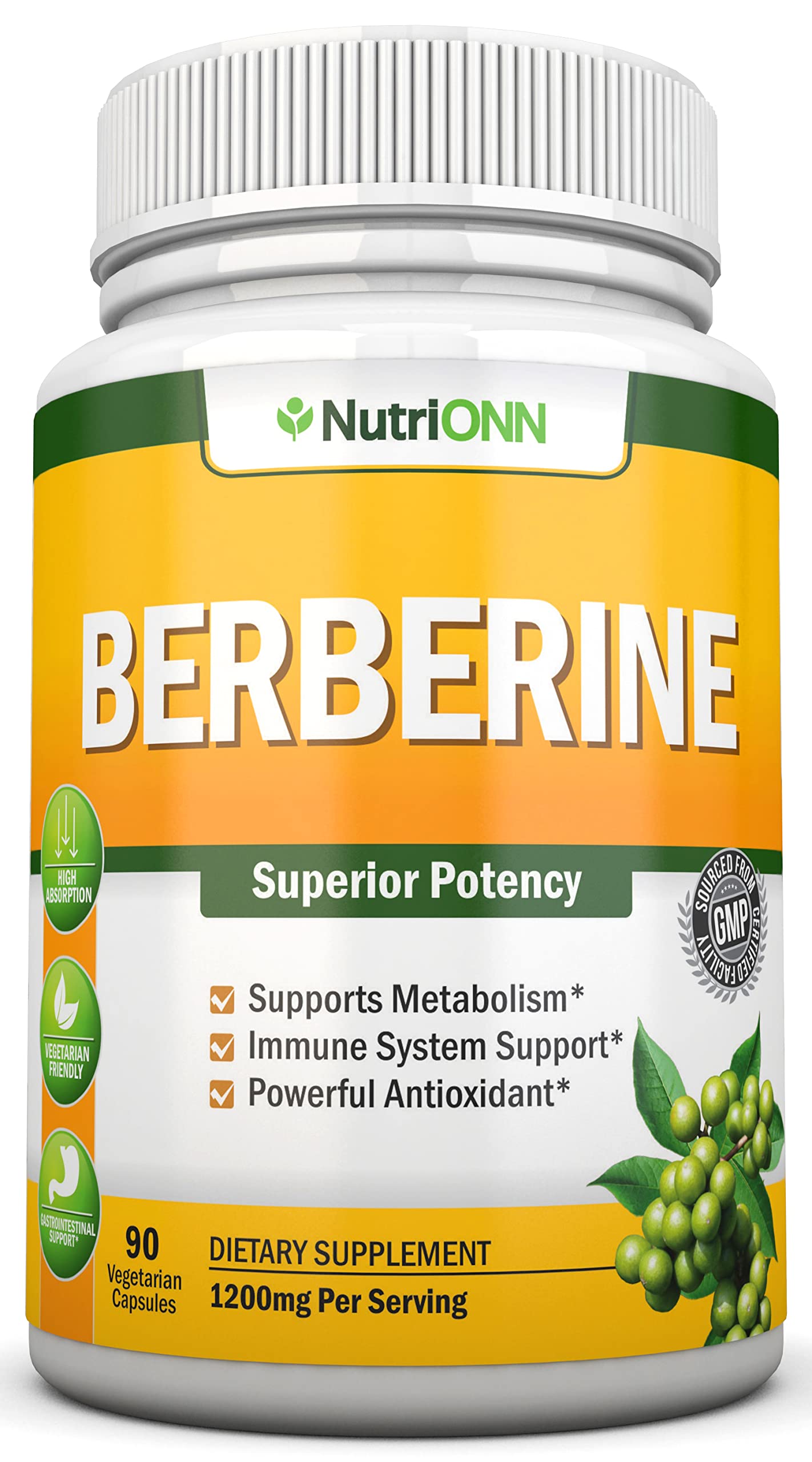 NutriONN Berberine HCL Extract 1200mg per Serving, 90 Vegetarian Capsules