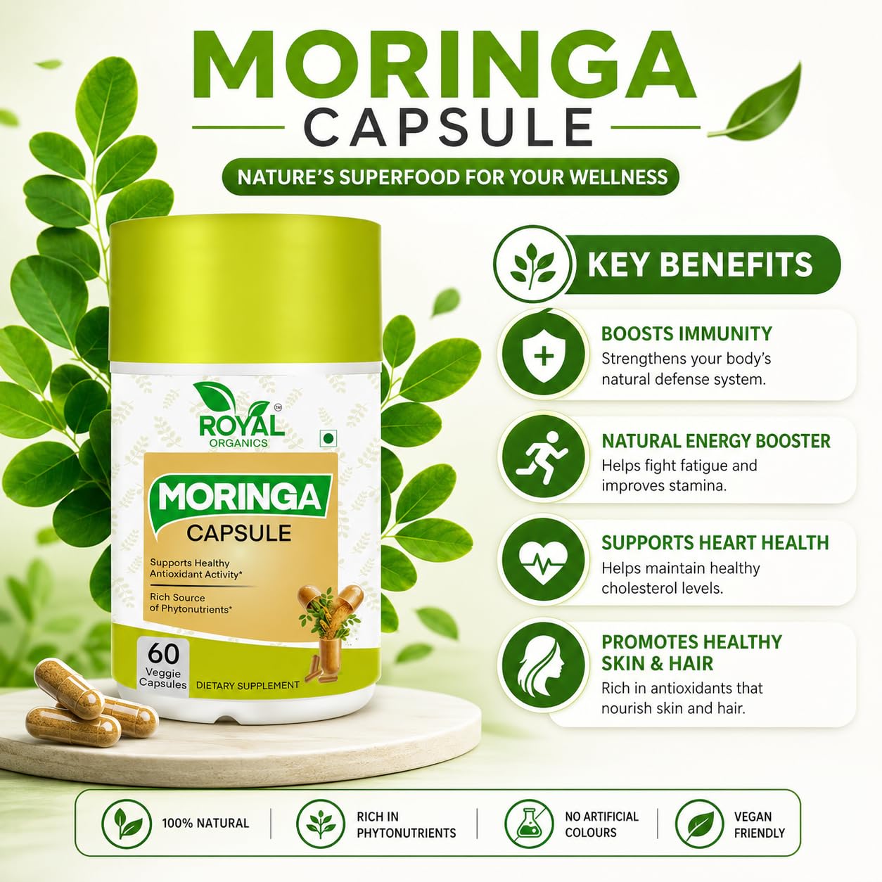 ROYAL ORGANICS Moringa Capsules 500 mg, 10:1 Leaf Extract, 60 Capsules