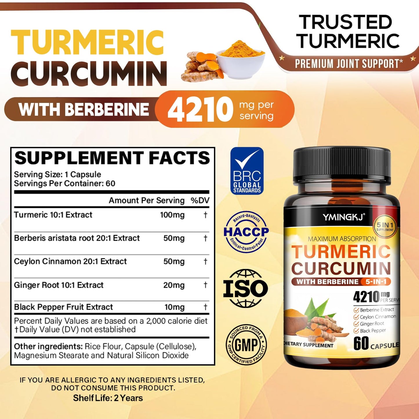 YMINGKJ Turmeric Curcumin Supplement with Black Pepper & Bioactive Botanicals (Turmeric, Ginger, Berberine, Ceylon Cinnamon) – Premium Daily Wellness Support Capsules 180
