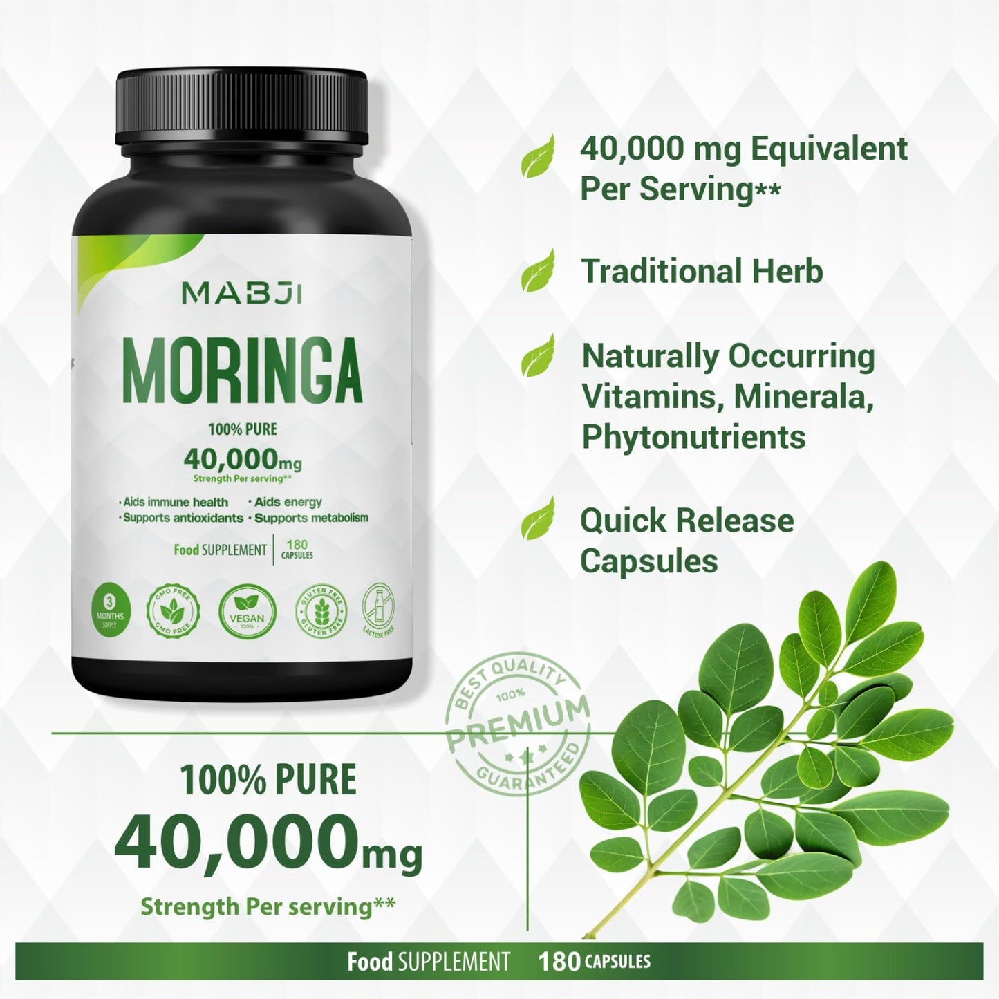 MABJI Pure Organic Moringa Capsules 40000 mg, 180 Capsules