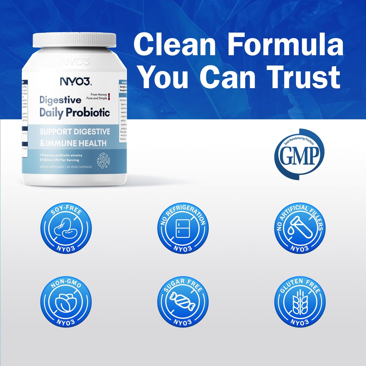 NYO3 Digestive Probiotics 57 Bilion CFU 7 Strains, Bloat Relief, Supports Digestion & Immune Health, 60 Capsules