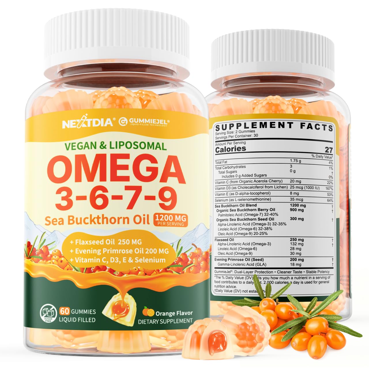 Nextdia Omega 3 6 7 9 Gummies Liposomal Sea Buckthorn Oil 1200mg No Sugar, 60 Count