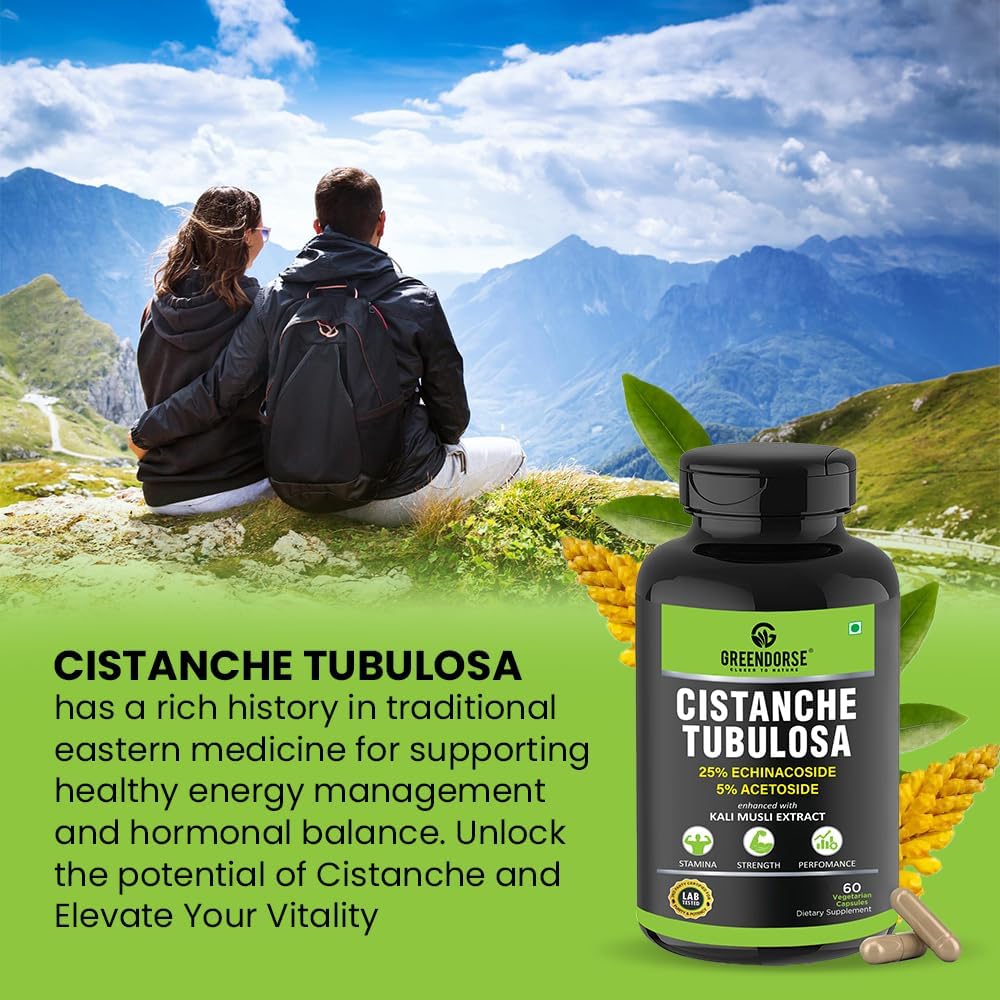 Generic Organic Cistanche Tubulosa Standardised to 25% Echinacoside, 5% Acetoside with Kali Musli Extract 1000mg, 3rd Party Tested for Strength, Performance, Vitality, 60 Veg Capsules
