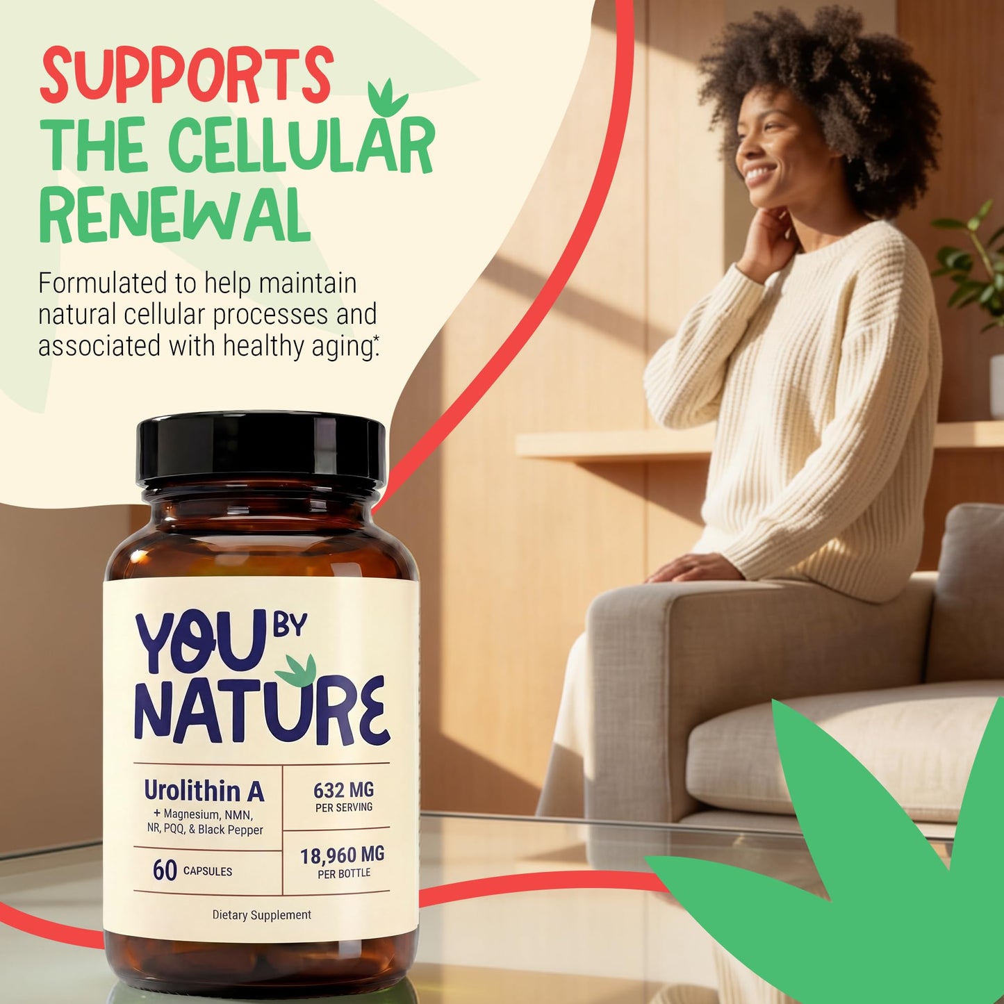 YOUBYNATURE Urolithin A 632mg Supplement with NMN, NR, PQQ, Magnesium Bisglycinate & Black Pepper Extract, Capsule, 60 Count