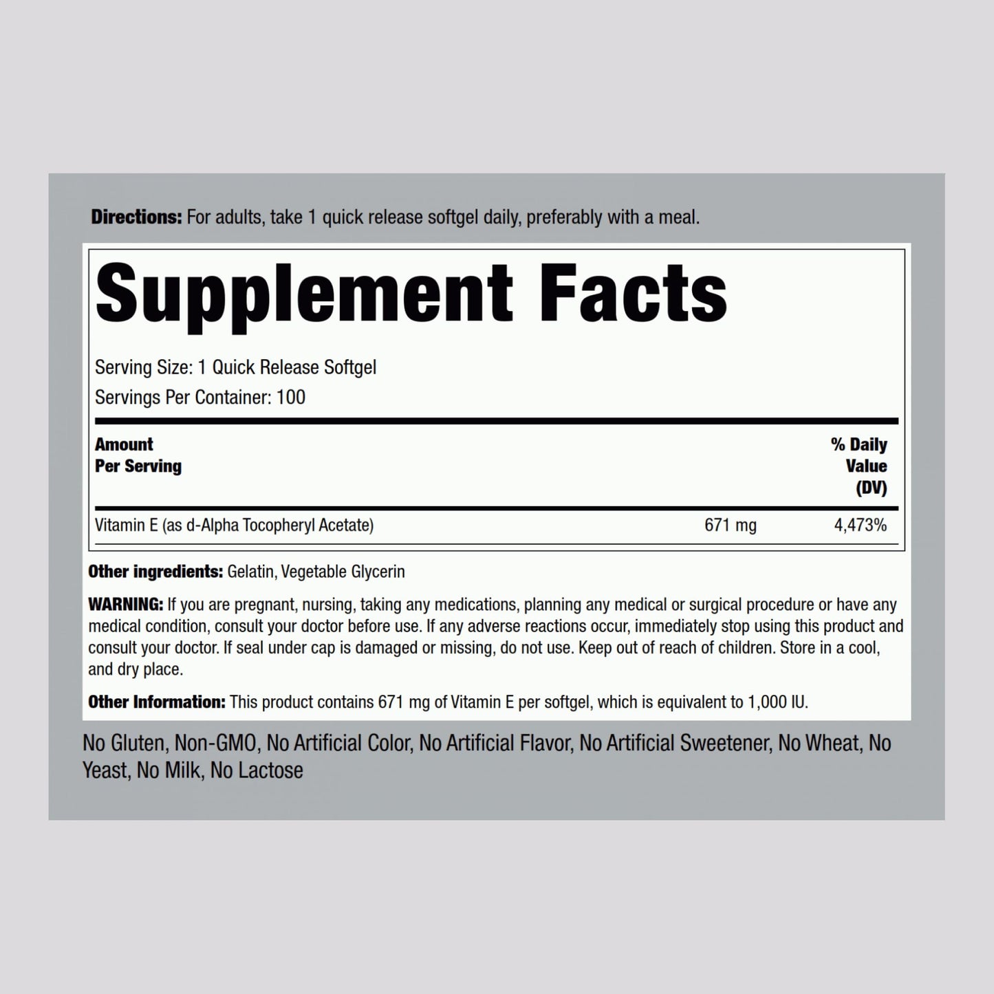 Piping Rock Vitamin E 1000 IU Softgel Capsules, 100 Count