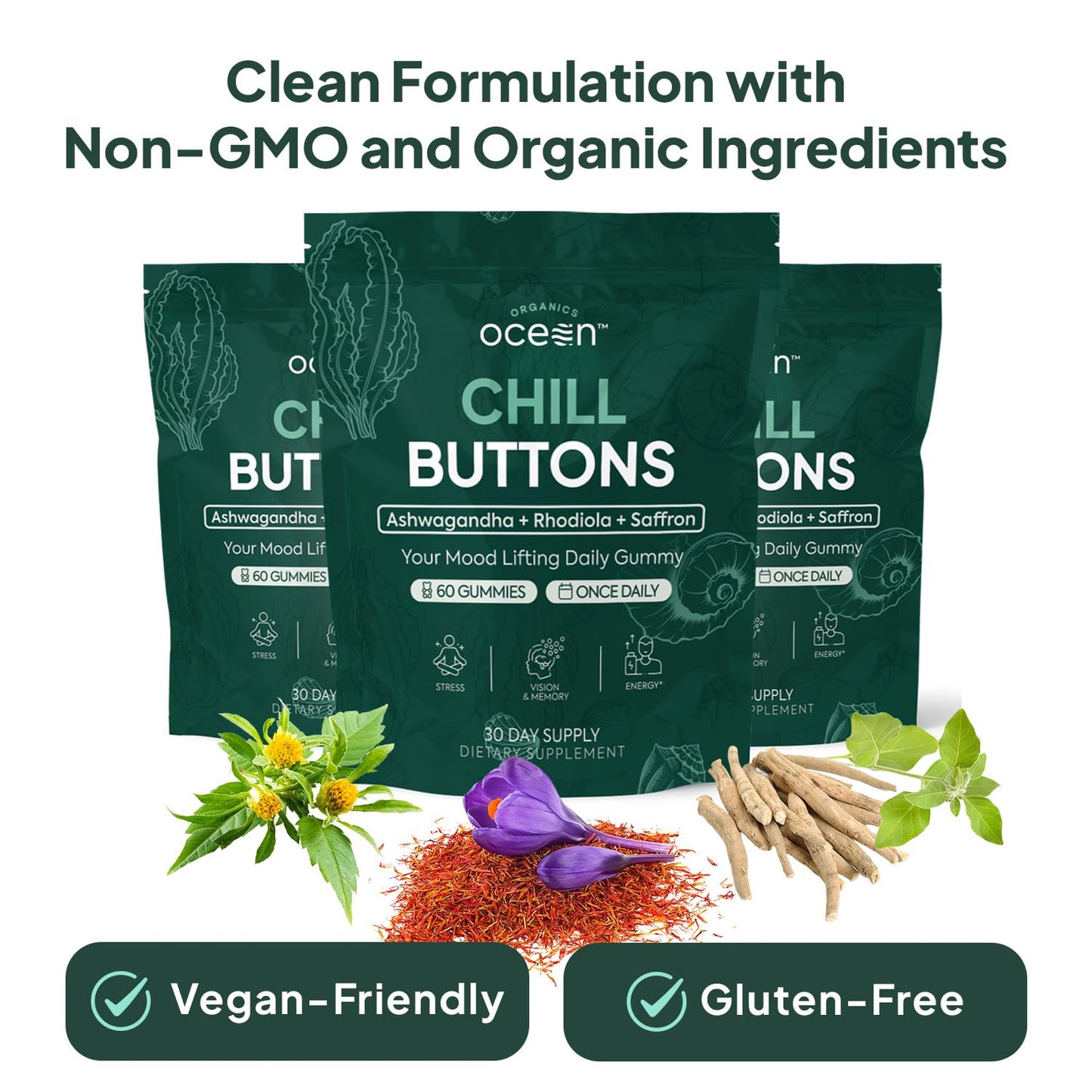 Organics Ocean Chill Buttons Ashwagandha Gummies with Organic KSM-66, Saffron & Rhodiola Rosea - Supports Relaxation, Mood, Focus & Energy, 27 Count