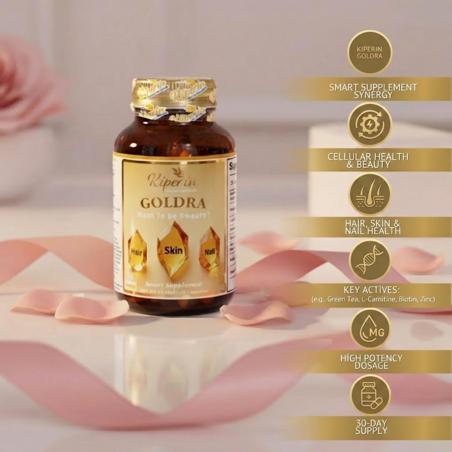 Kiperin Goldra Hair Skin Nails Biotin Hydrolyzed Keratin Hyaluronic Acid Beauty Support Capsule 1