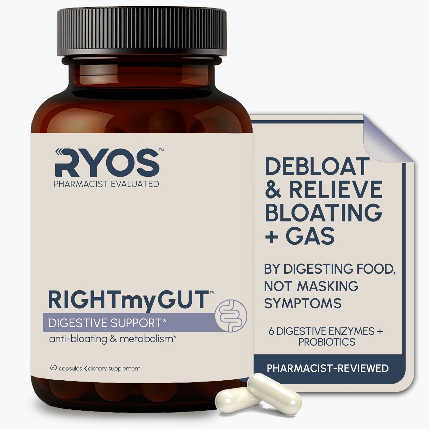RYOS Digestive Enzymes for Bloating & Gas Relief – Debloat Pills for Women & Men – 6 Enzymes + 3 Probiotics – Gut Health & Digestion Supplement – RIGHTmyGUT Daily Digestive Support, 60 Vegan Capsules
