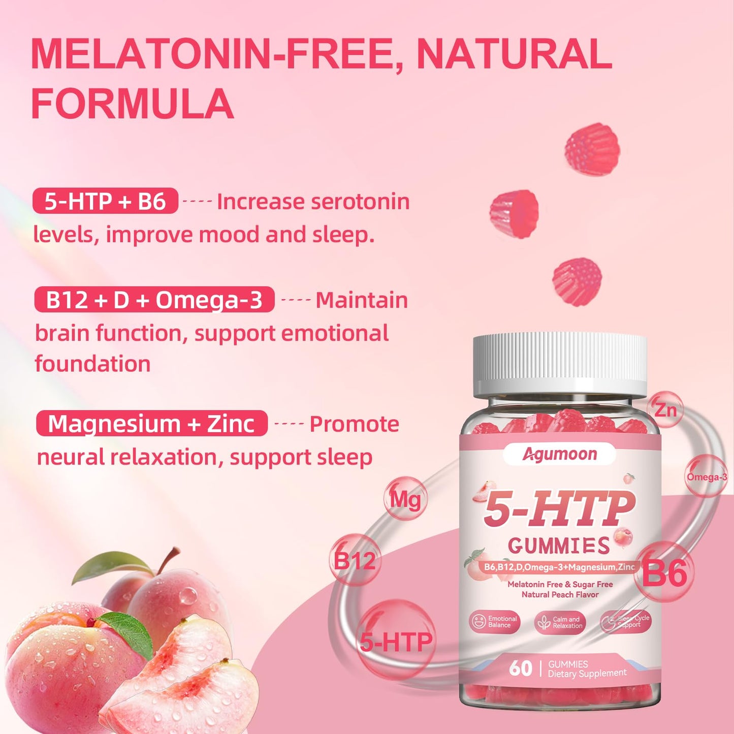 Agumoon 5-HTP with Vitamin D3, B6, B12, Zinc, Omega-3, Magnesium Glycinate, 120 Gummies