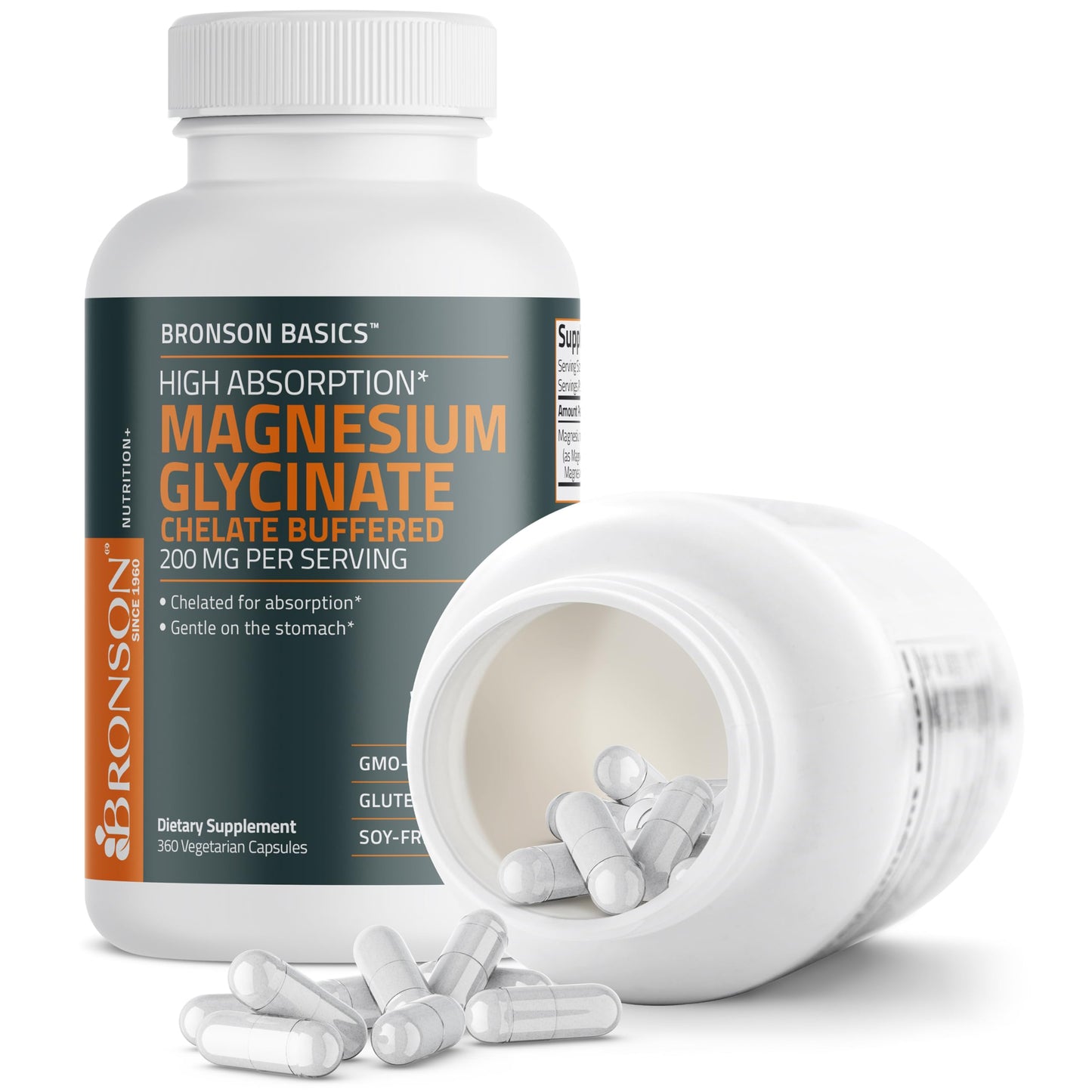 Bronson Magnesium Glycinate 200mg High Absorption Chelated Buffered Gentle On The Stomach Non-GMO, 360 Capsules