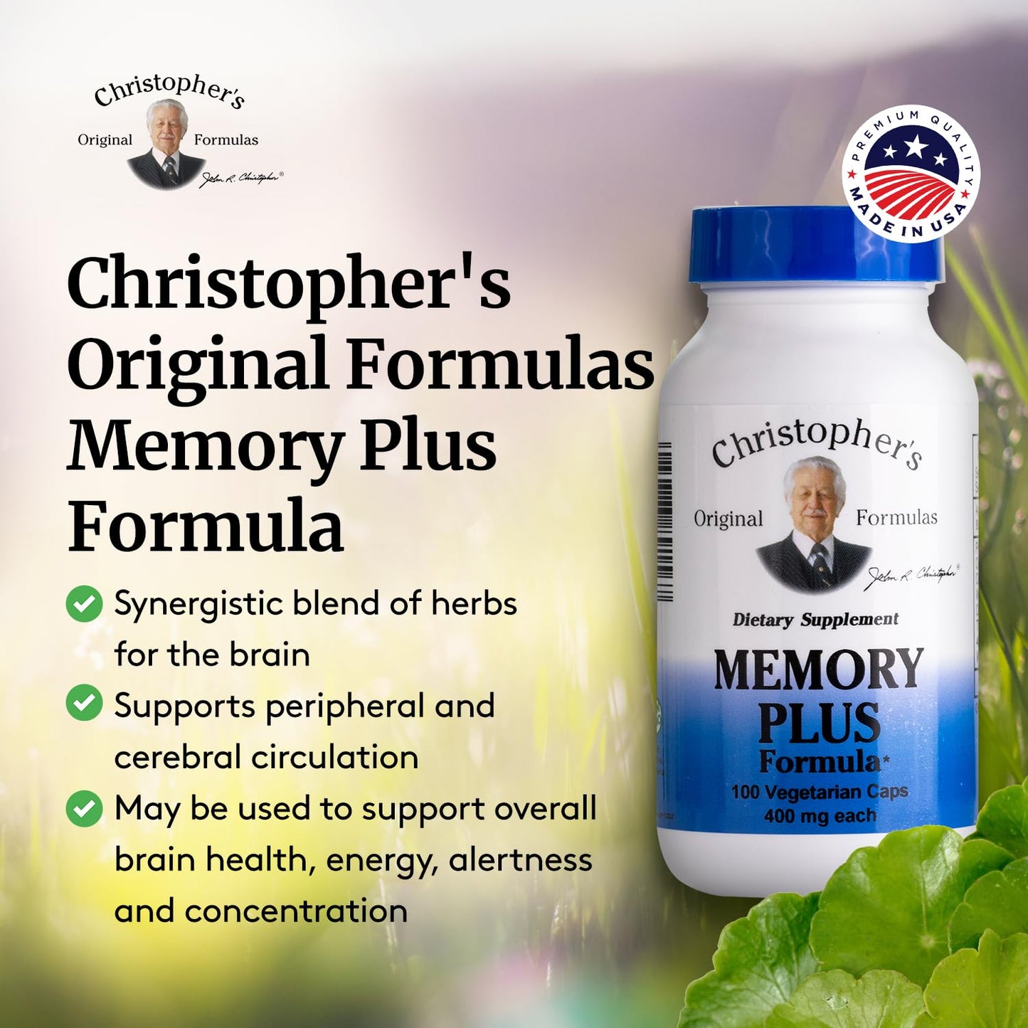 Christopher's Original Formulas Memory Plus Herbal Blend - Brain Supplements for Memory & Focus - Supports Cognitive Function, Energy, & Alertness Capsule 100