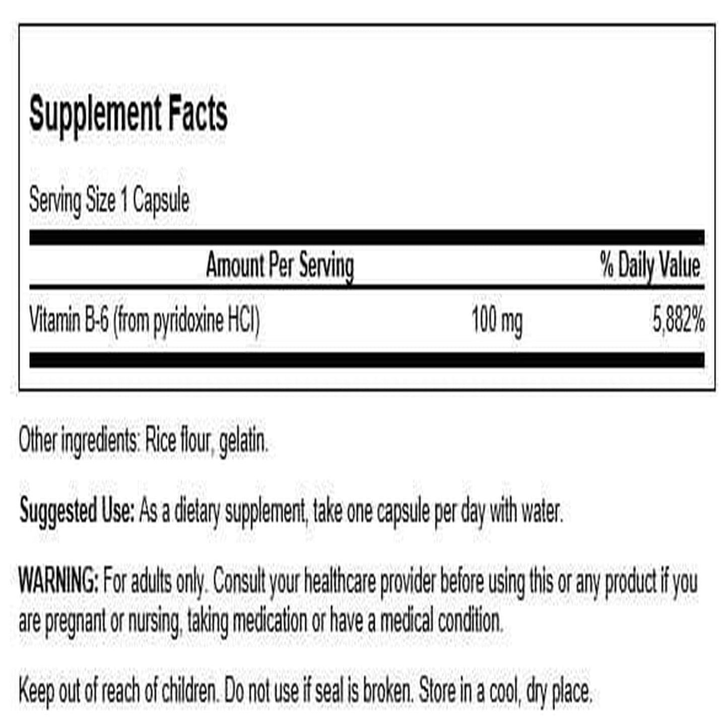Swanson Vitamin B-6 (Pyridoxine) Capsules, 100 mg, 100 Count