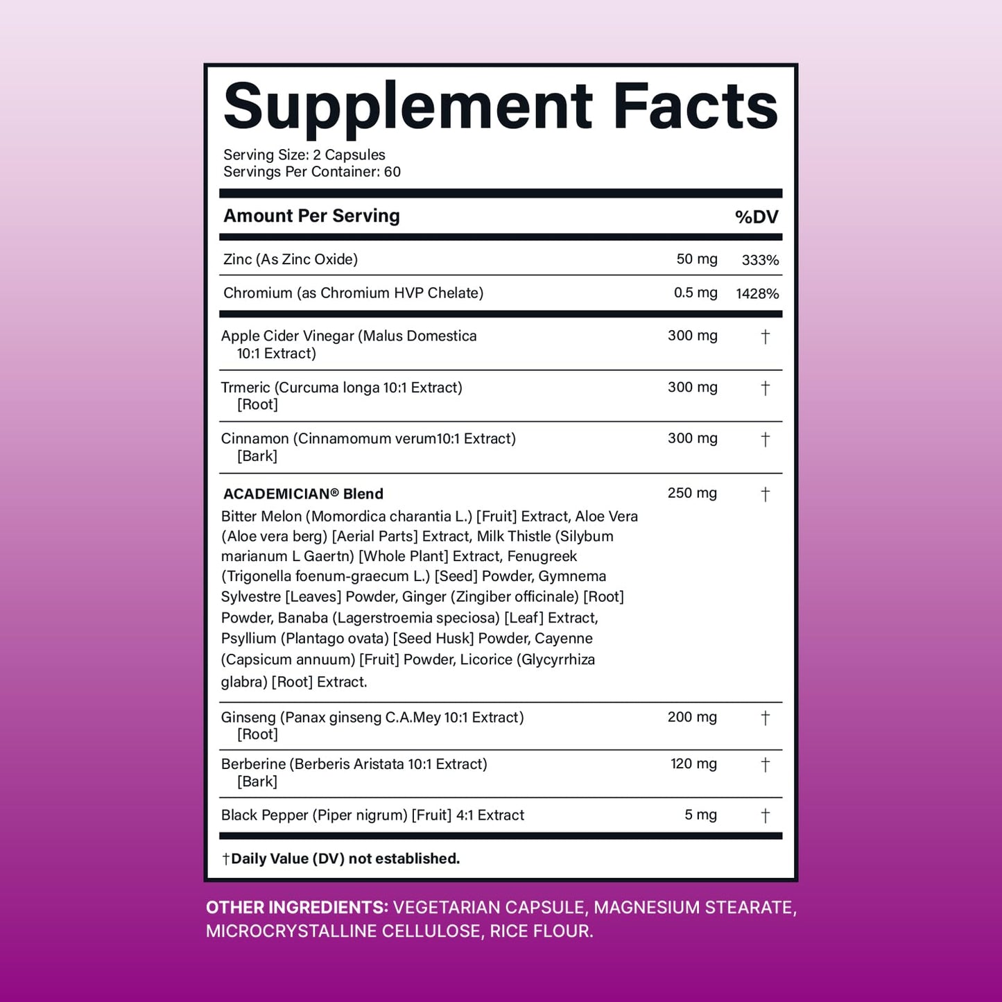 ACADEMICIAN Berberine Apple Cider Vinegar Turmeric Supplement with Ceylon Cinnamon Ginseng Bitter Melon Gymnema Fenugreek Milk Thistle Capsules 120