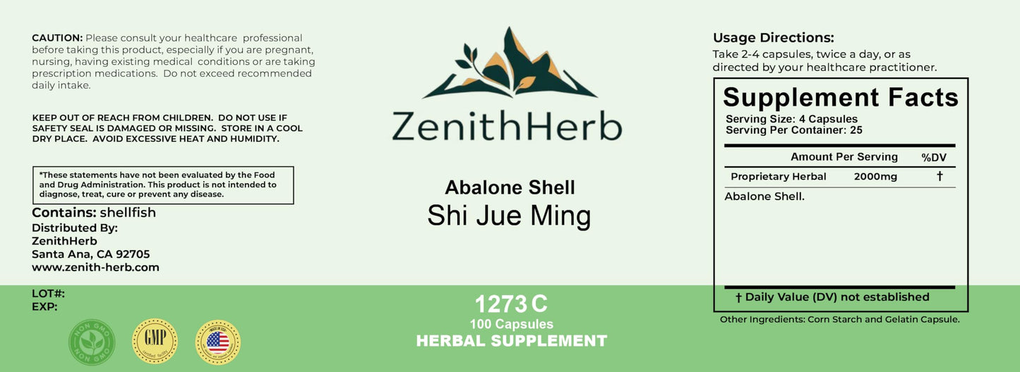 ZenithHerb Abalone Shell Shi Jue Ming Herbal Supplement, Capsules, 100 Capsules