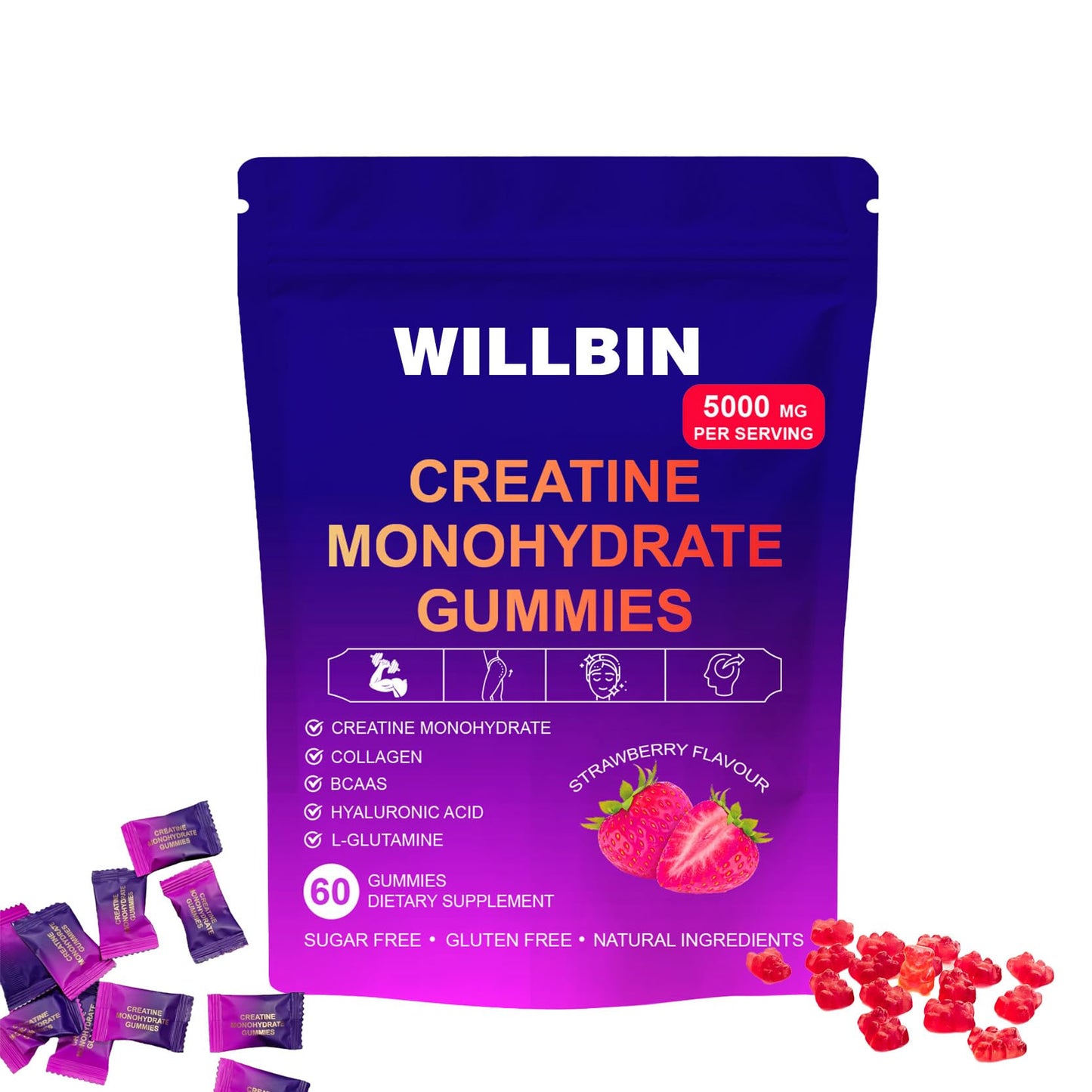 Willbin Creatine Monohydrate Gummies Strawberry Flavor 6.35 oz