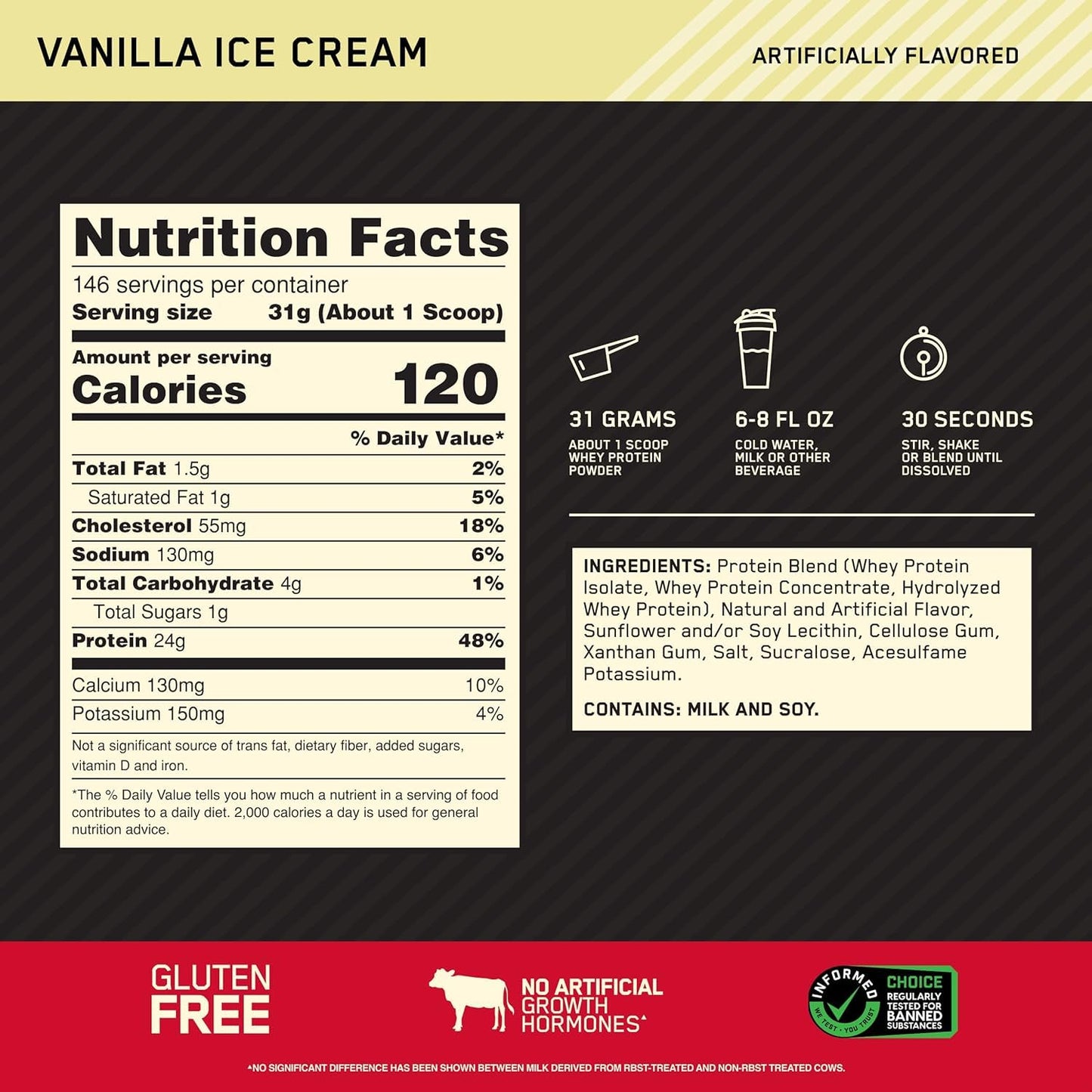 Optimum Nutrition Gold Standard 100% Whey Protein Powder, Vanilla Ice Cream, 160 Servings