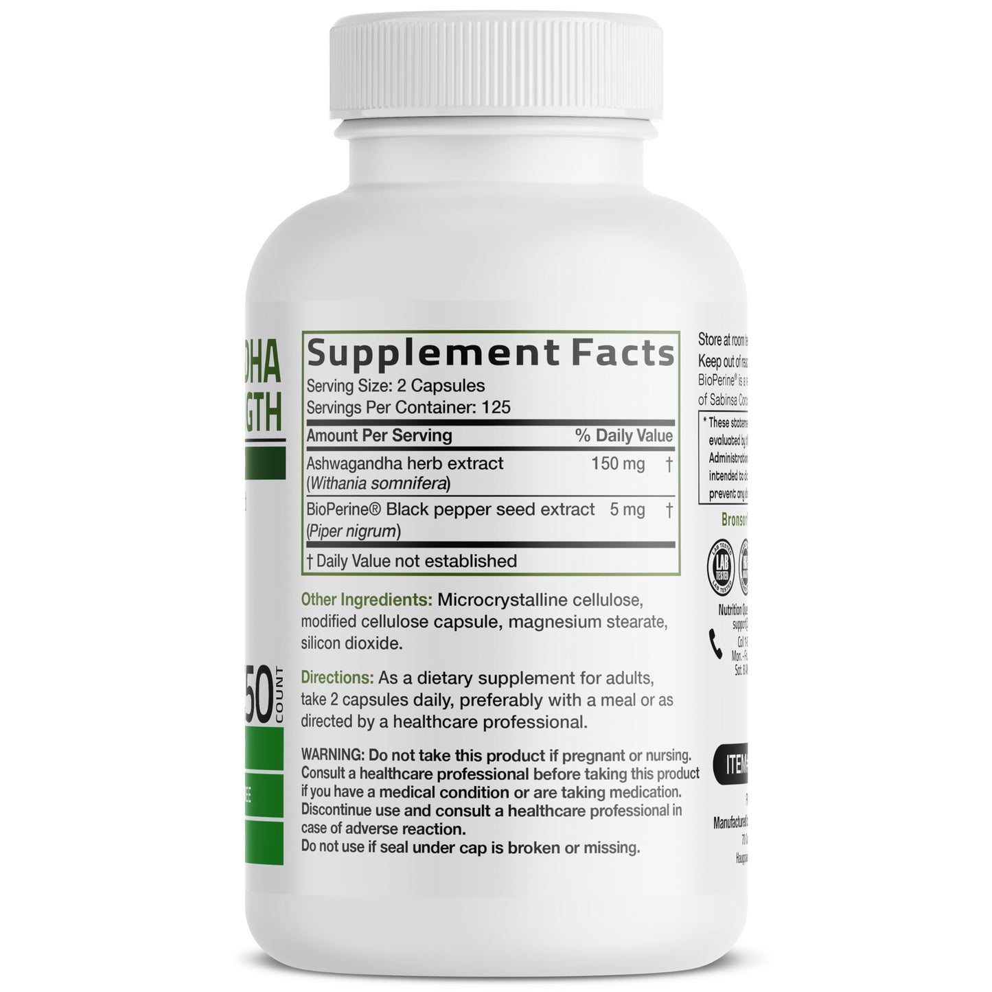 Bronson Ashwagandha Extra Strength Stress & Mood Support with BioPerine Capsules, 250 Count