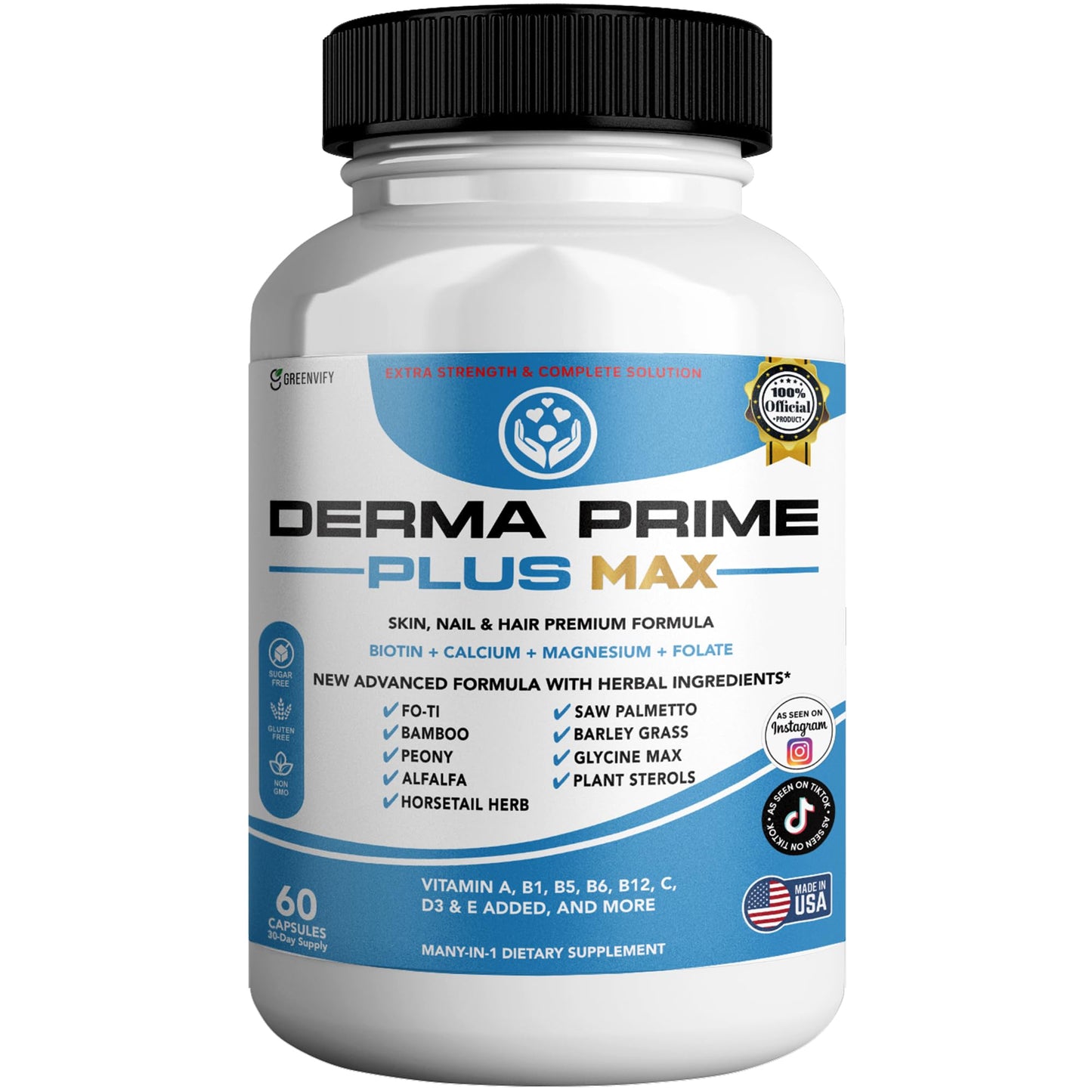 GREENVIFY Derma Prime Plus Max Hair Skin Nail Supplement Capsules, 60 Count