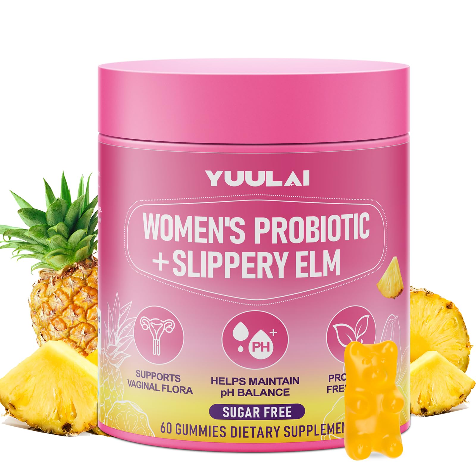 YUULAI Women's Probiotic Slippery Elm Gummies, 60 Count