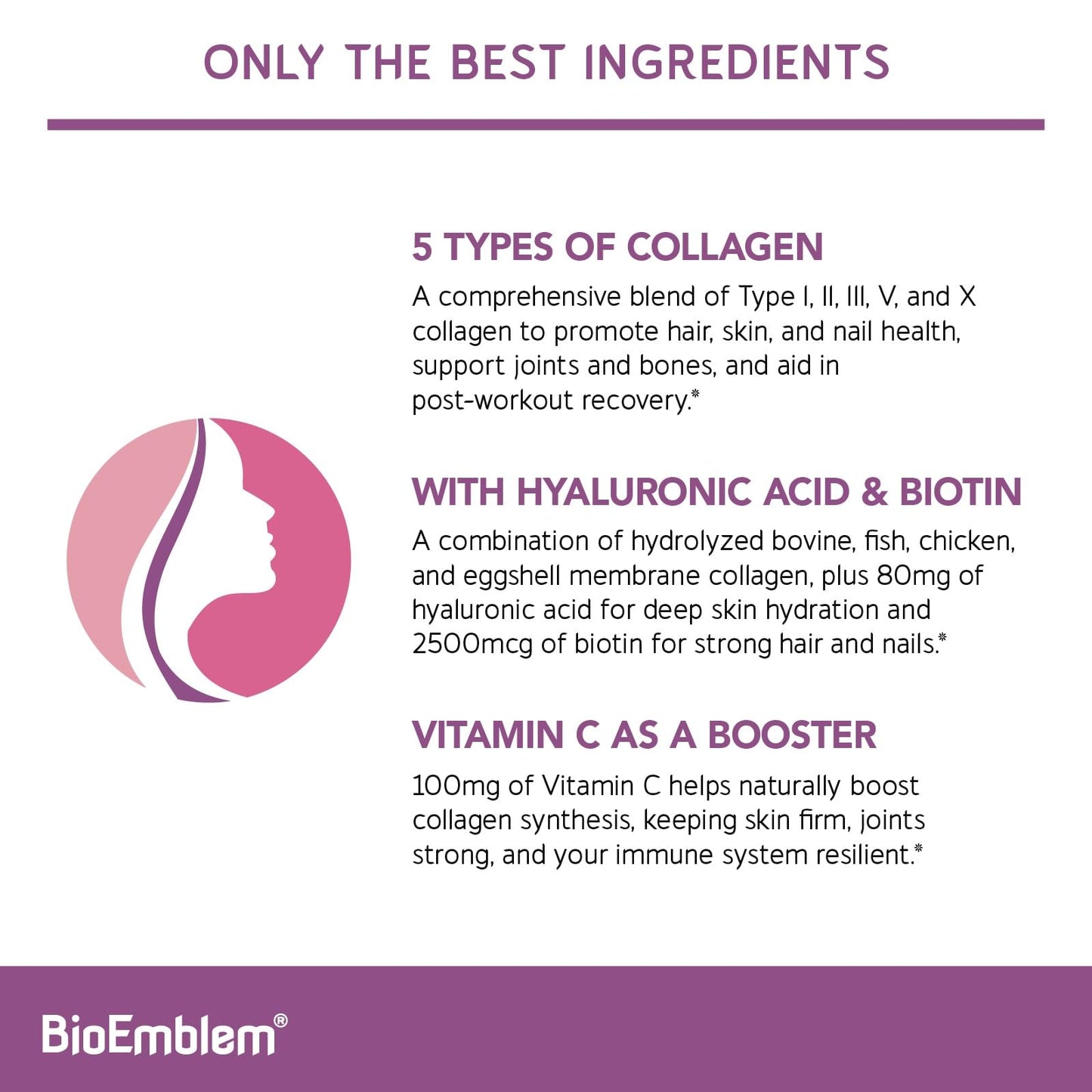 BioEmblem Beauty Collagen - Multi Collagen Complex, Hyaluronic Acid, Vitamin C & Biotin - Bovine, Fish, Chicken Bone Broth & Eggshell Membrane Sources Powder, 11.6 oz