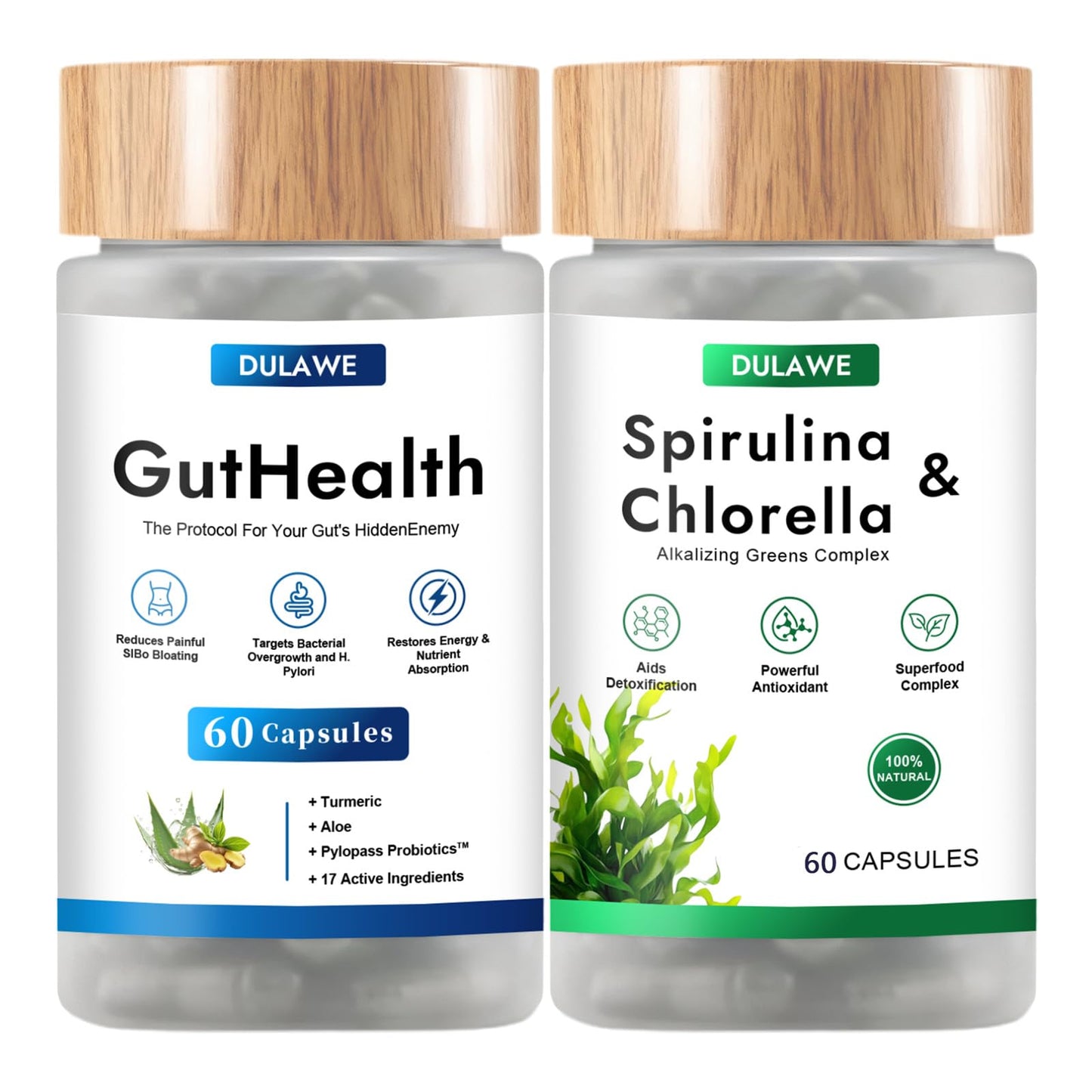TakTuqa Dulave Gut Health & Spirulina Chlorella Bundle – Probiotics, Digestive Enzymes & Greens – Supports Digestion, Energy, Immune Health – Non-GMO, 120 Capsules
