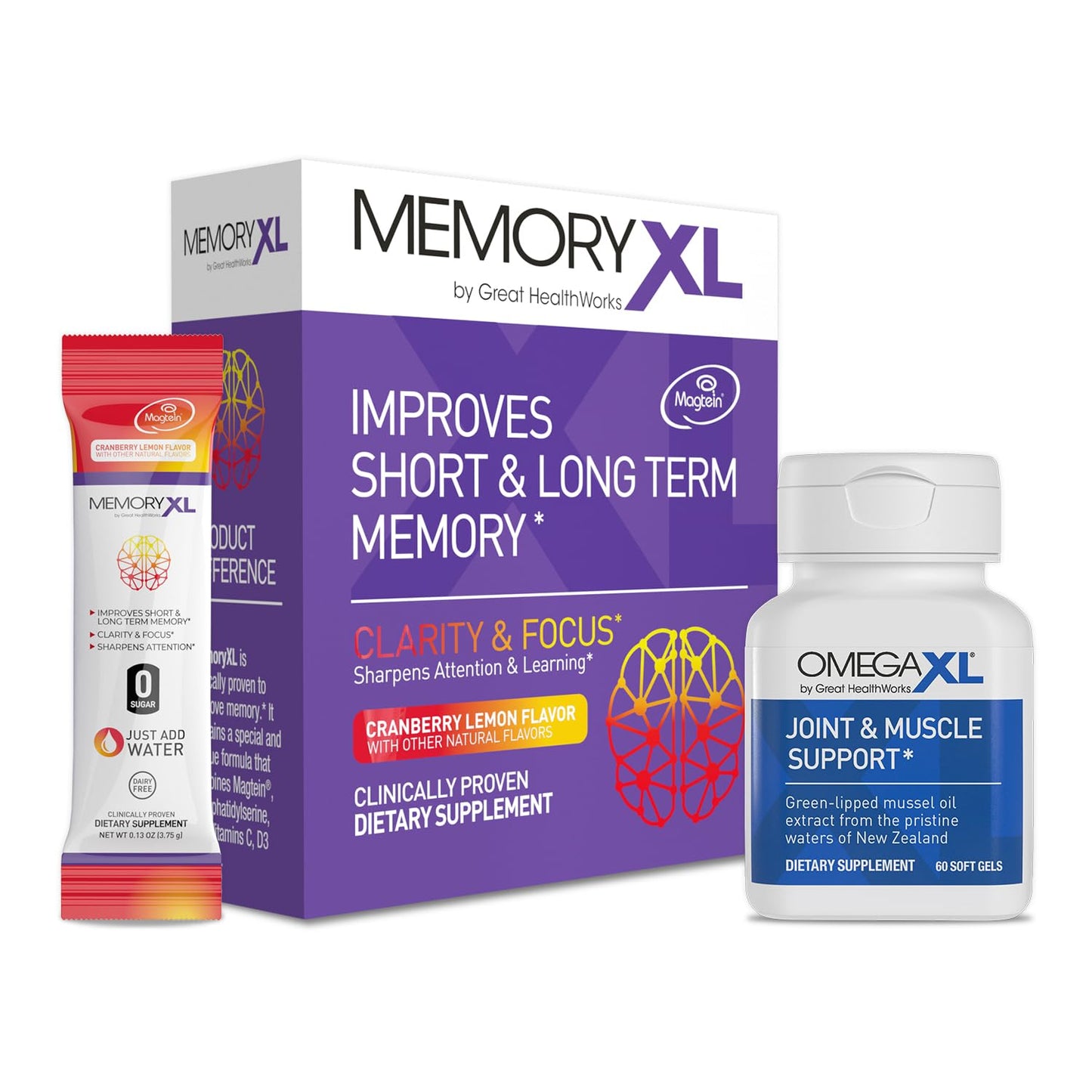 OmegaXL Joint Support Supplement Powder, 60 Count; MemoryXL Magnesium L-Threonate Powder, 30 Pack