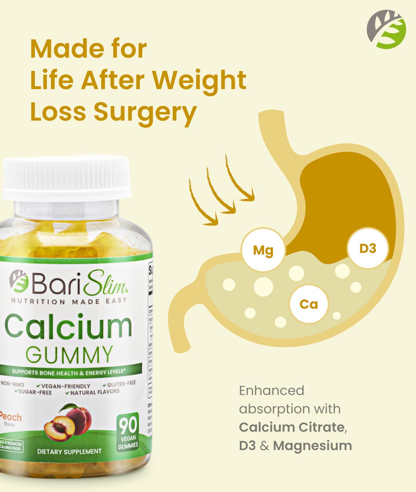 BariSlim Bariatric Calcium Gummies - Specially Formulated Bariatric Vitamins for Patients After Weight Loss Surgery - Supports Energy Levels & Bone Health, 90 Count