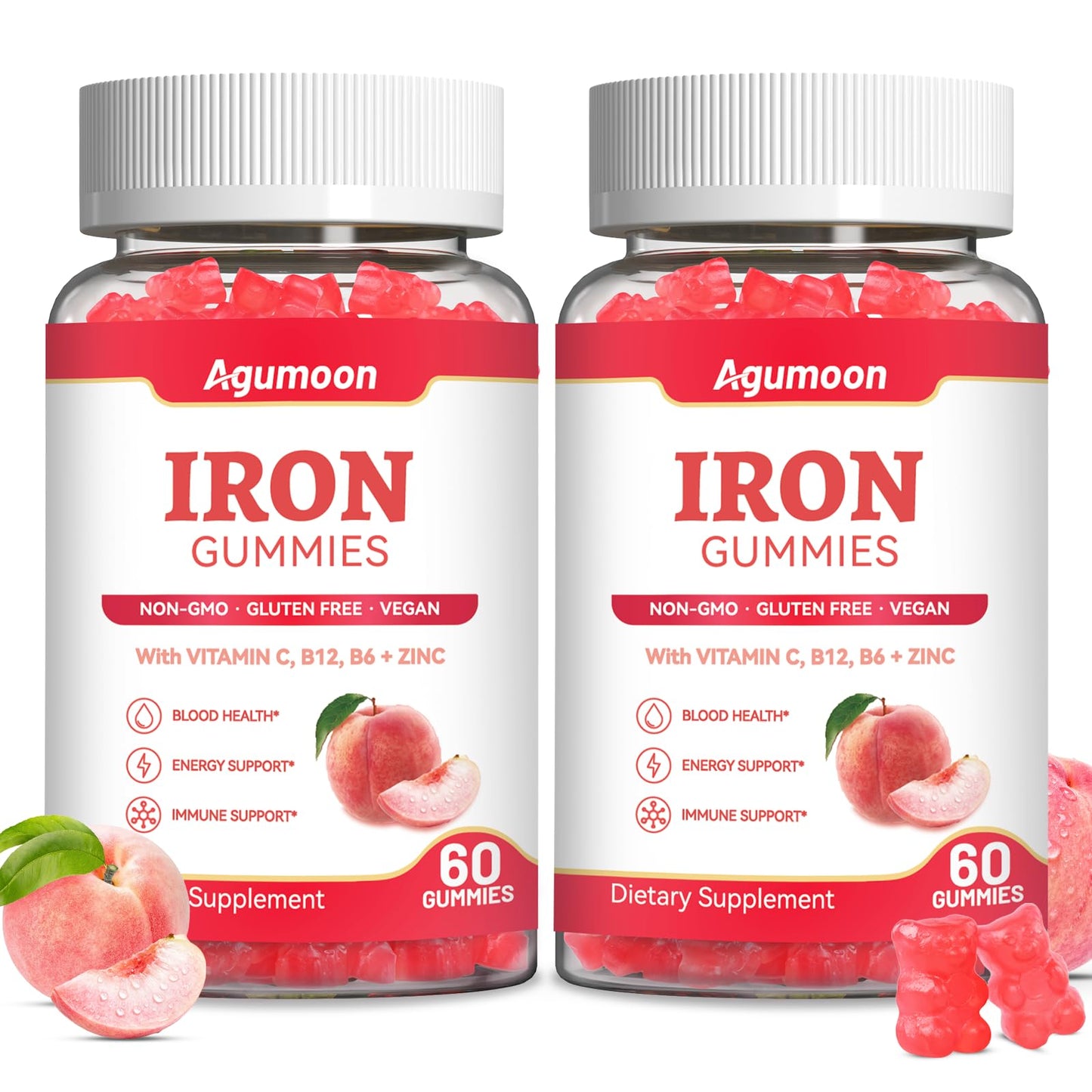 Agumoon Iron Gummies for Women & Men with Vitamin C, Folate, Vitamin B12, B6 & Zinc, Vegan, Peach Flavor, 60 Gummies