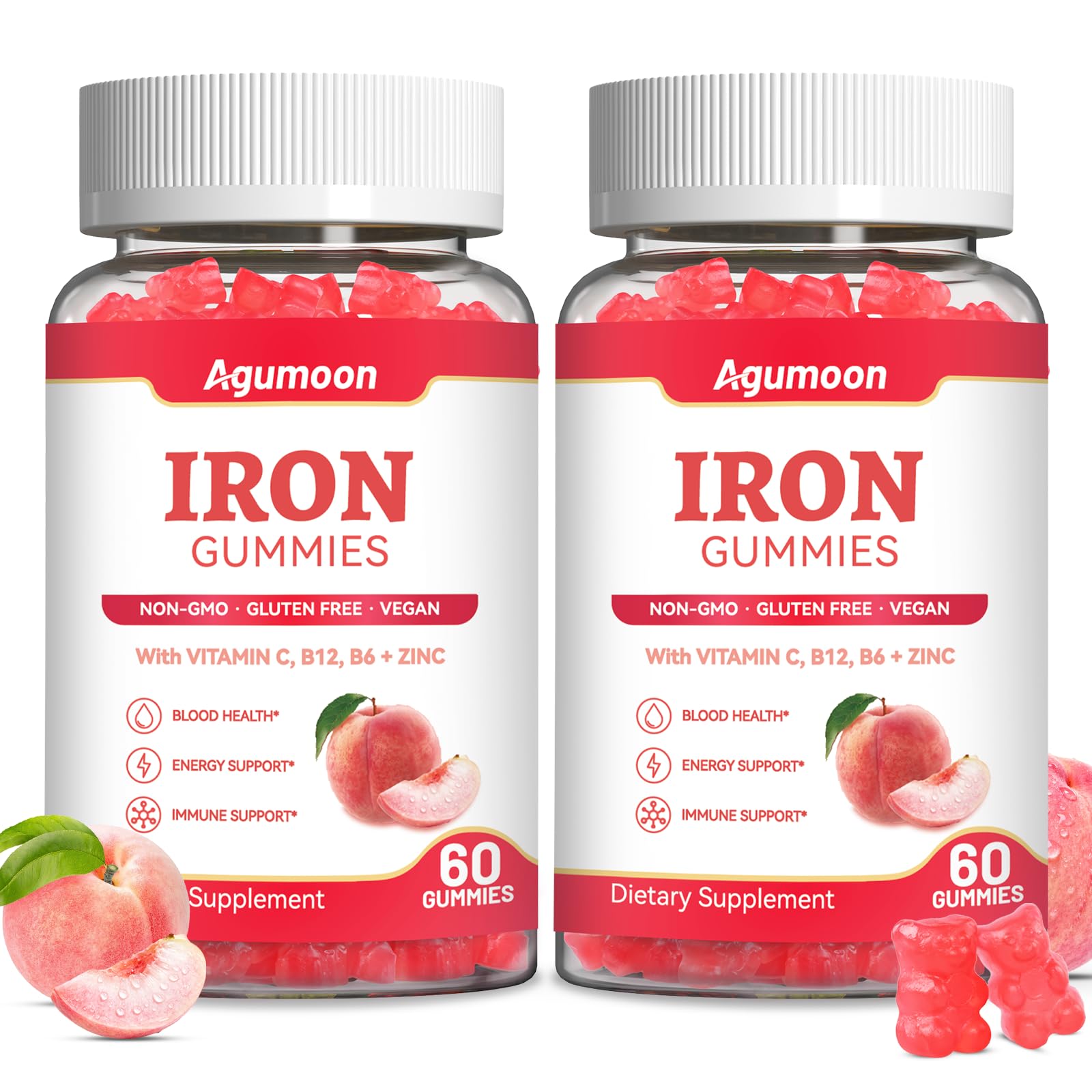 Agumoon Iron Gummies for Women & Men with Vitamin C, Folate, Vitamin B12, B6 & Zinc, Vegan, Peach Flavor, 60 Gummies