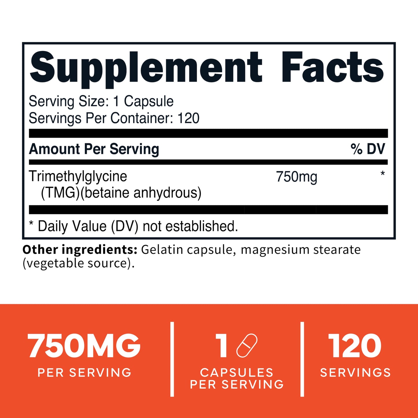 Type Zero Clean TMG (Trimethylglycine) 750mg Capsules, 120 Count