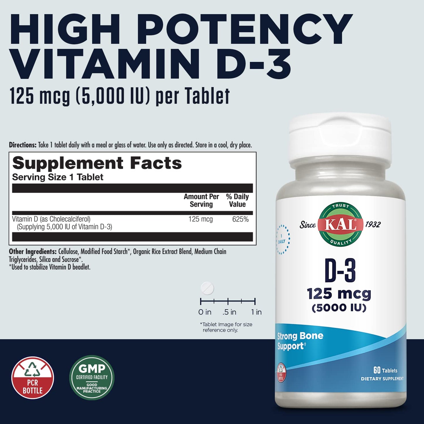 KAL Vitamin D3 5000 IU (125 mcg) High Potency Vitamin D Tablets, Calcium Absorption, Bone Health and Immune Support, Rapid Disintegration D-3 ActivTabs, 60 Tablets