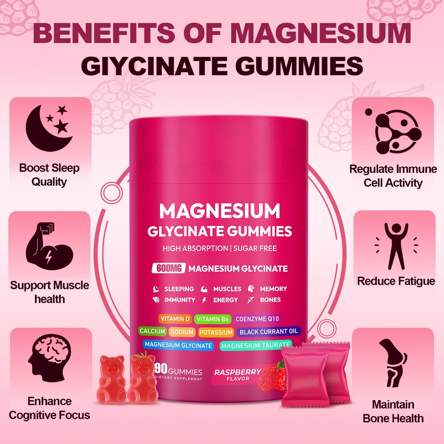 Cytona Magnesium Glycinate Gummies 600mg, High Absorption Magnesium Complex, Sugar Free with Vitamin D & B6, CoQ10, 90 Count