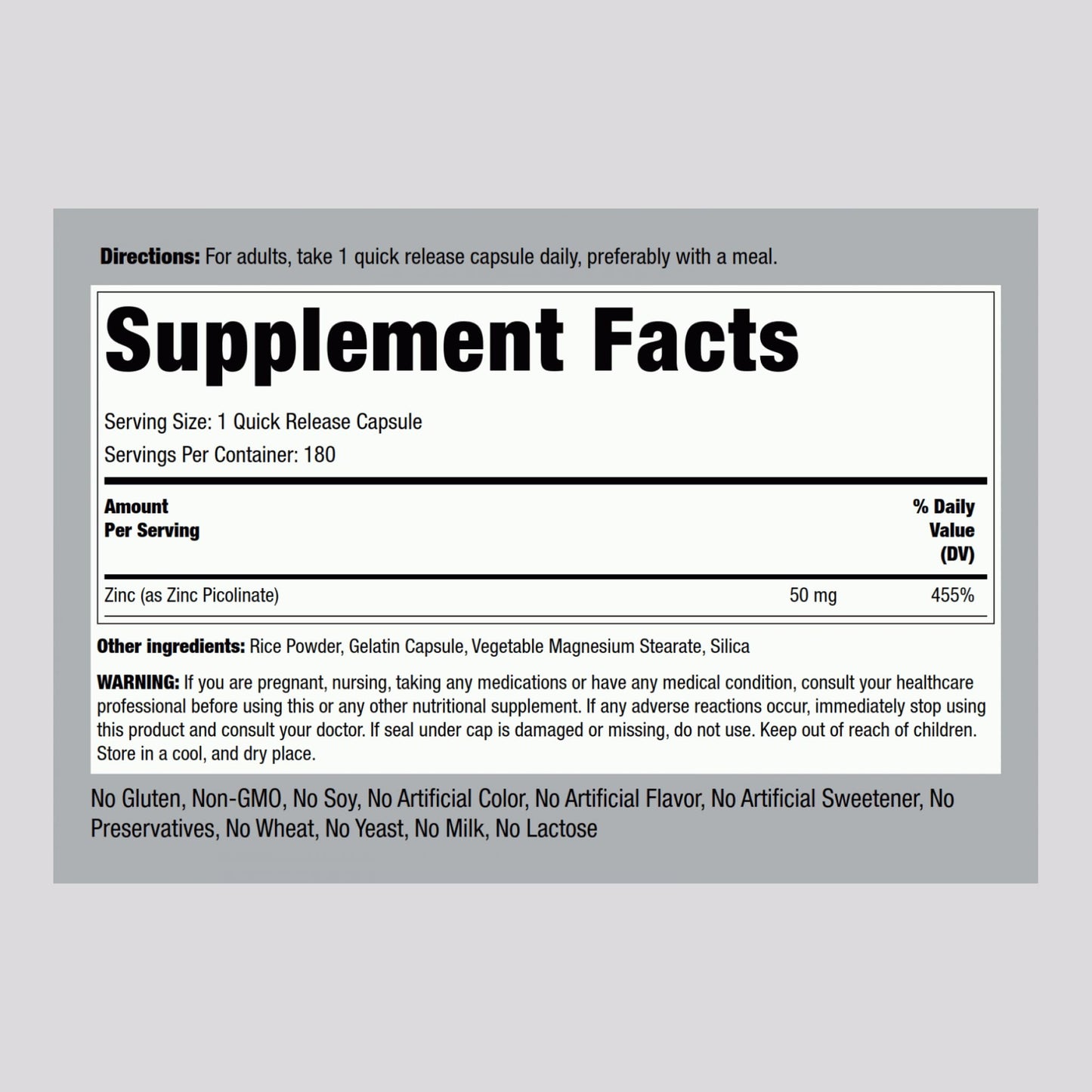 Piping Rock Zinc Picolinate 50 mg Capsules 180 Count