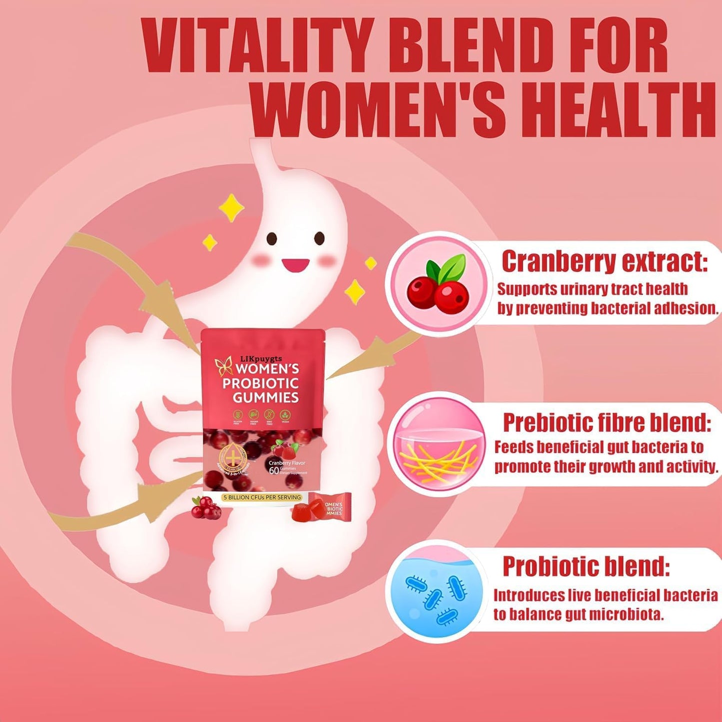 Llkpuygts Prebiotic Probiotic Gummies for Women, 60 Count