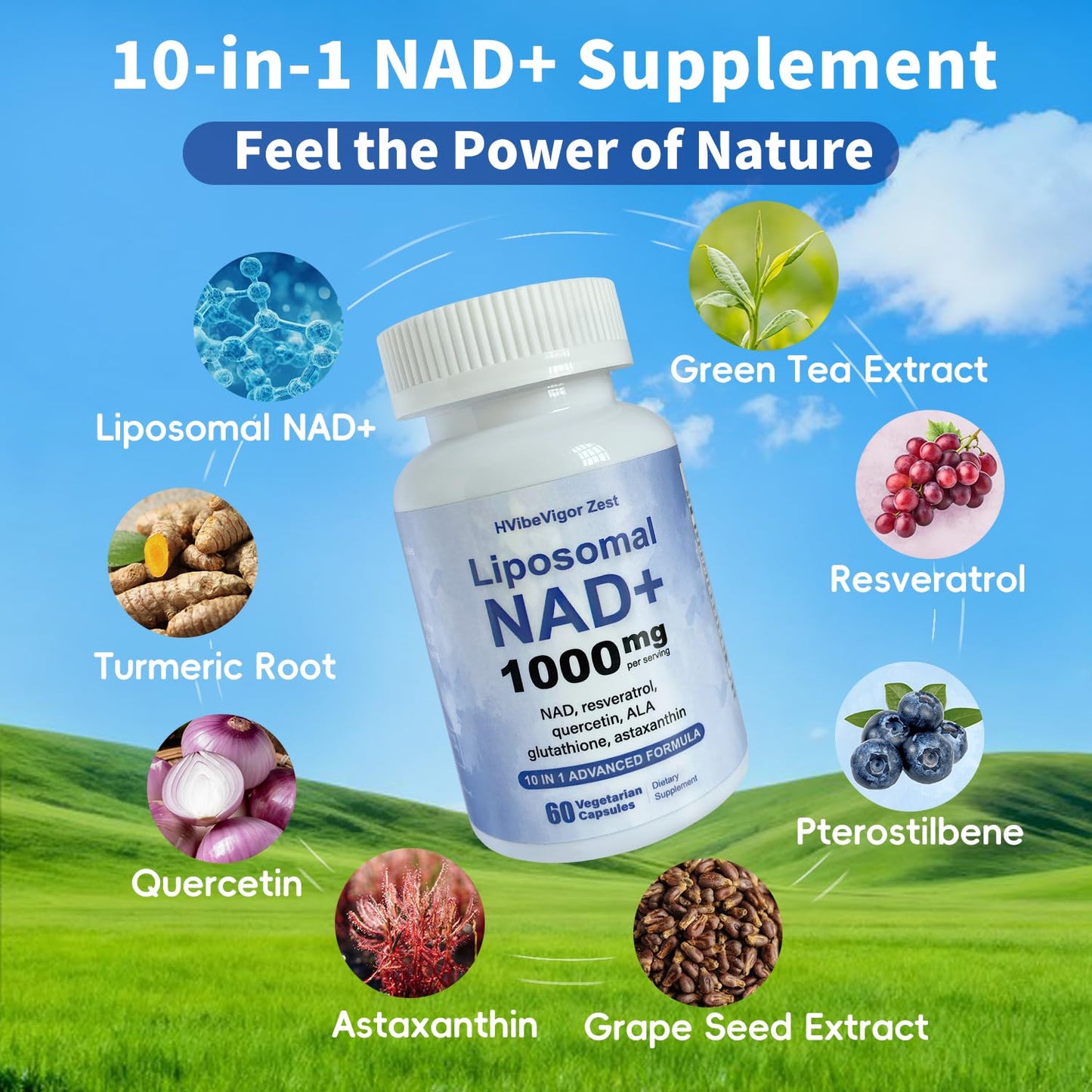 HVibeVigor Zest NAD Supplement 1000mg Liposomal NAD+ with Resveratrol, Glutathione & Astaxanthin – Support Cellular Health, Stamina & Healthy Aging, NMN Supplement Alternative, 60 Capsules