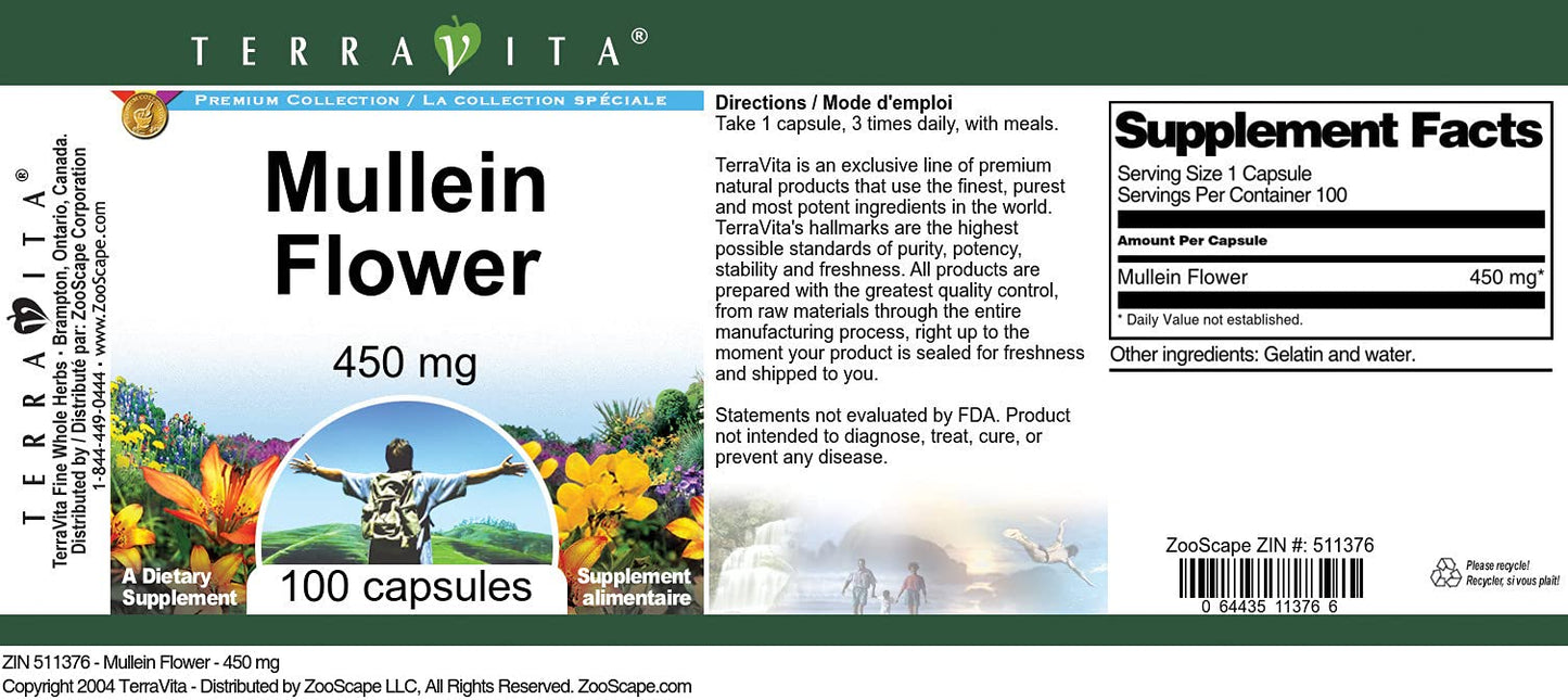 Terravita Mullein Flower 450 mg Capsules, 100 Count