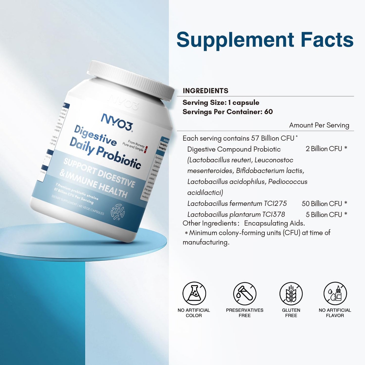 NYO3 Digestive Probiotics 57 Bilion CFU 7 Strains, Bloat Relief, Supports Digestion & Immune Health, 60 Capsules