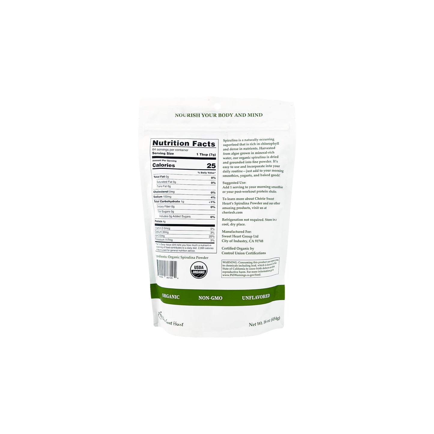 Chérie Sweet Heart Spirulina Powder (Organic), 16 Ounce