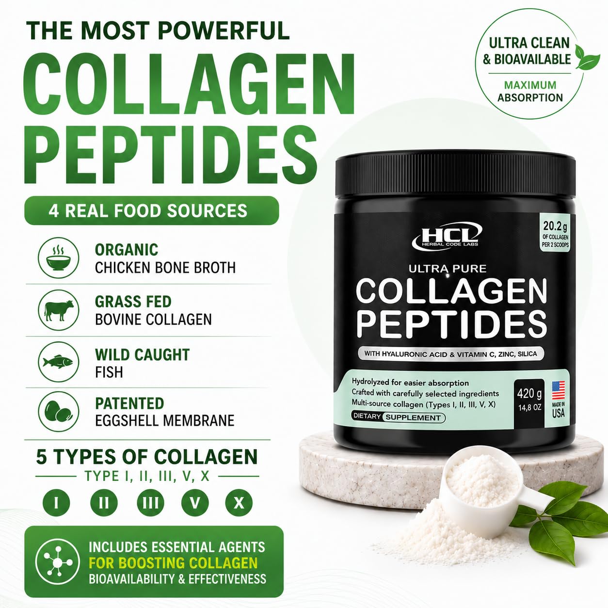 HCL Herbal Code Labs Collagen Peptides Powder with Vitamin C & Hyaluronic Acid, Hydrolyzed Multi Type I, II, III, V, X, 1 oz
