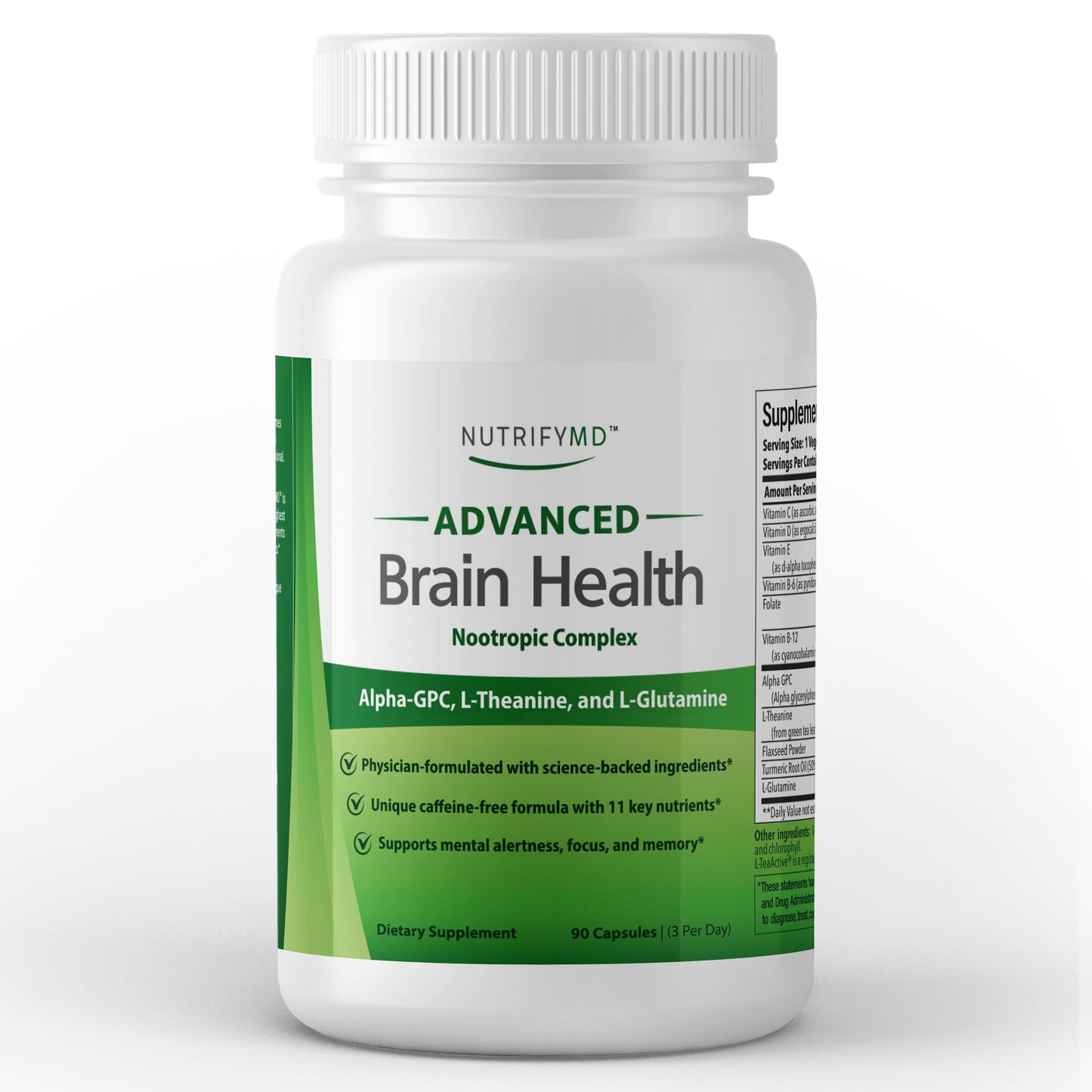 NutrifyMD Advanced Brain Health Supplement with Alpha GPC, L-Theanine, L-Glutamine for Memory and Focus, 90 Capsules
