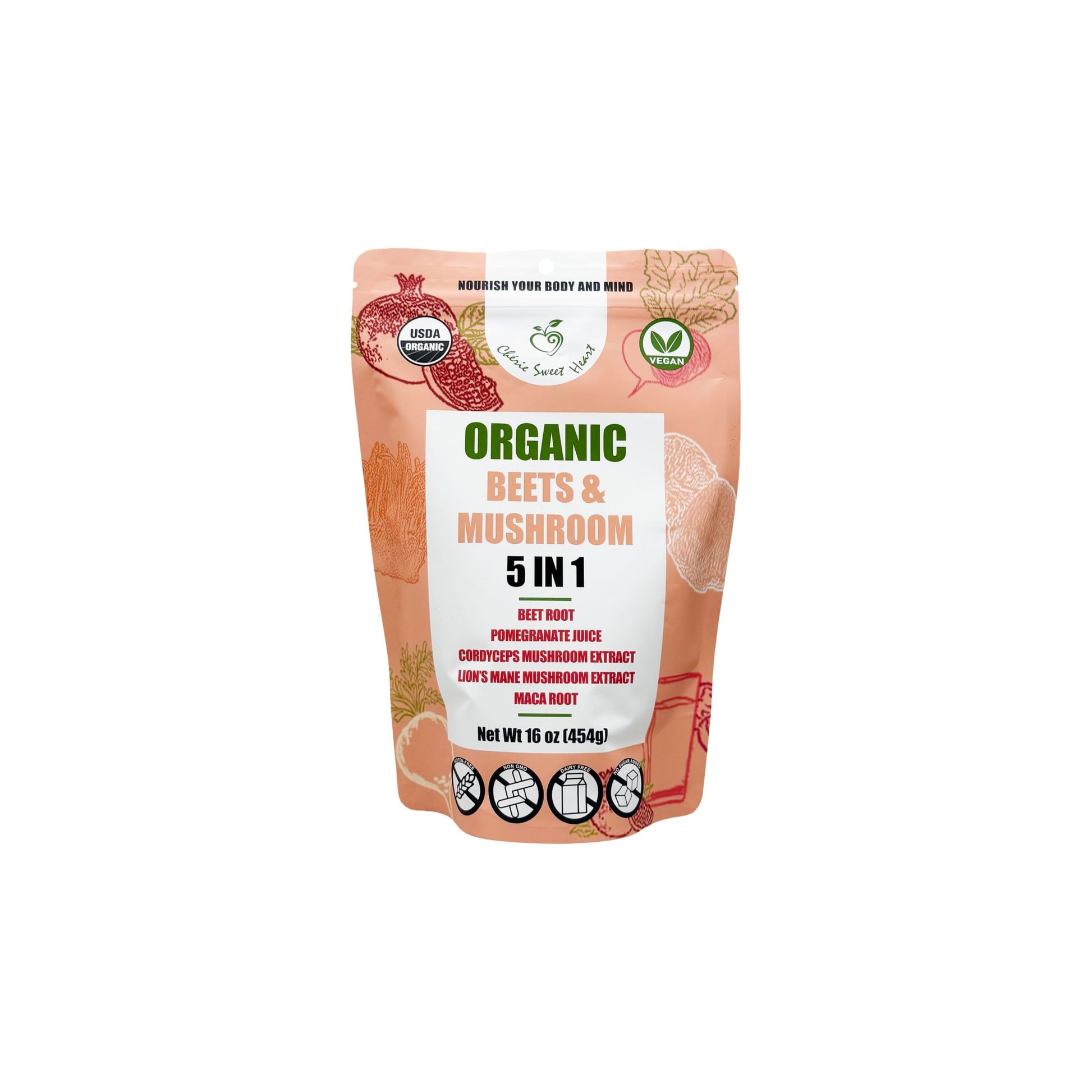 Chérie Sweet Heart Beets & Mushroom 5-in-1 Organic Beet Root Powder & Mushroom Powder, 16 oz