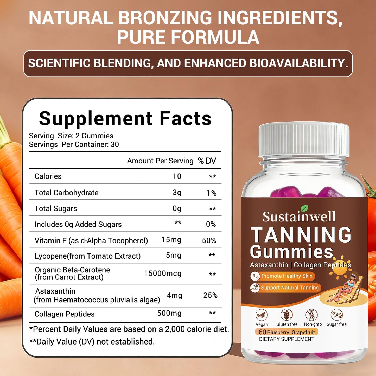 SustainWell Tanning Gummies with Astaxanthin & Collagen 60 Gummies