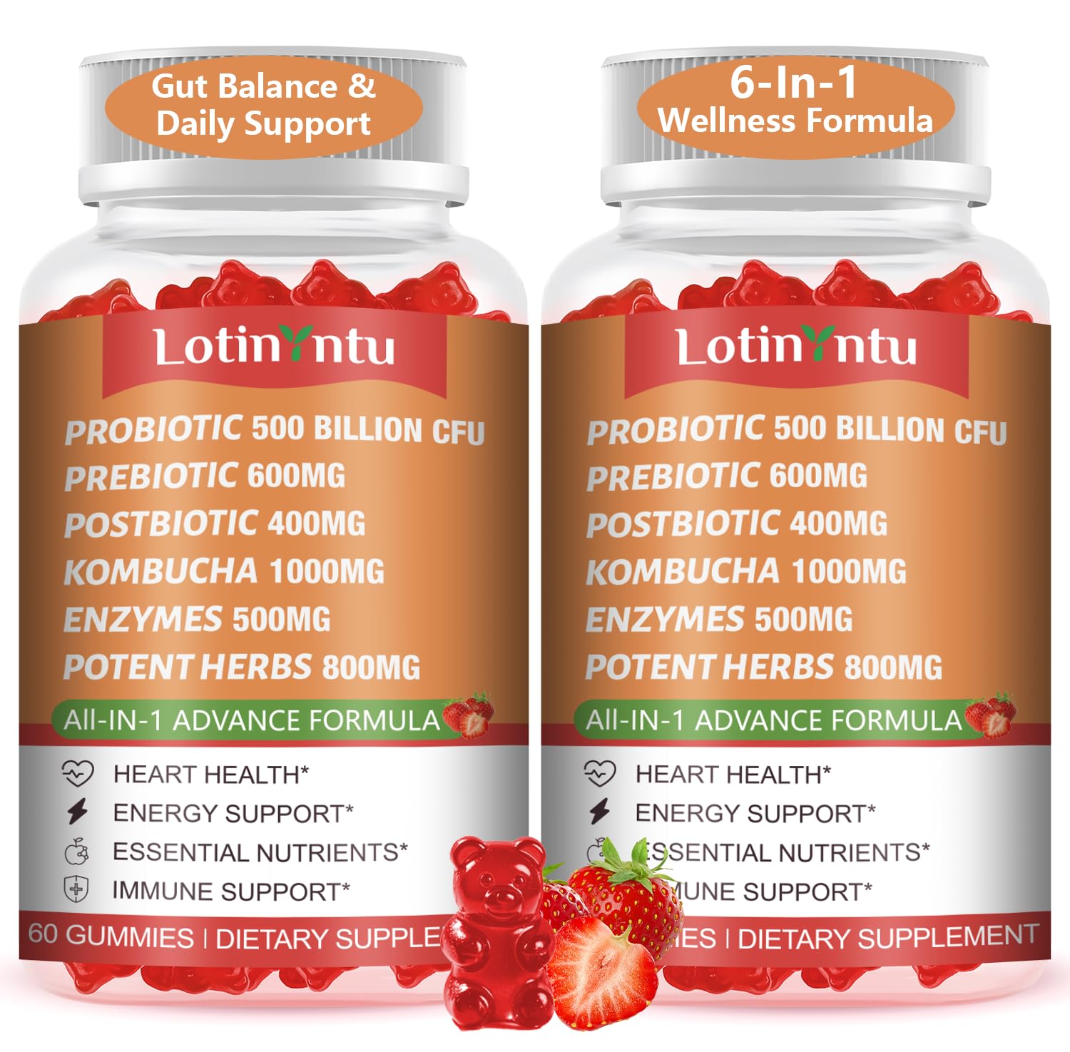 LotinYntu 6-in-1 Probiotic Kombucha Gummies, 120 Count
