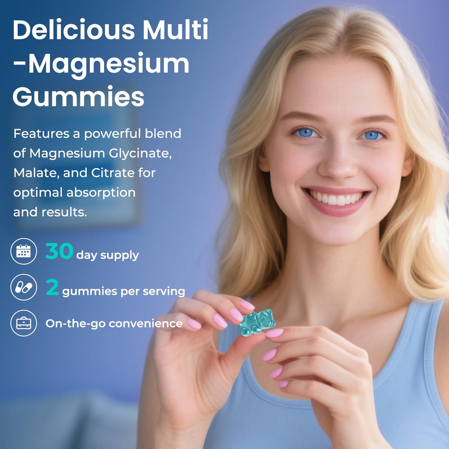 BERSOEVO Magnesium Glycinate Gummies 2200mg, High Absorption Magnesium Glycinate, Citrate, Malate, for Adults and Kids, Sugar Free, Vegan, Blueberry, 60 Count