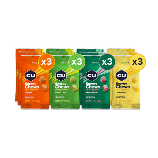 GU Energy Chews, Mixed Pack with Electrolytes, Vegan, Gluten-Free, Caffeine-Free, and Dairy-Free On-The-Go Energy for Any Workout, 1 Tablet