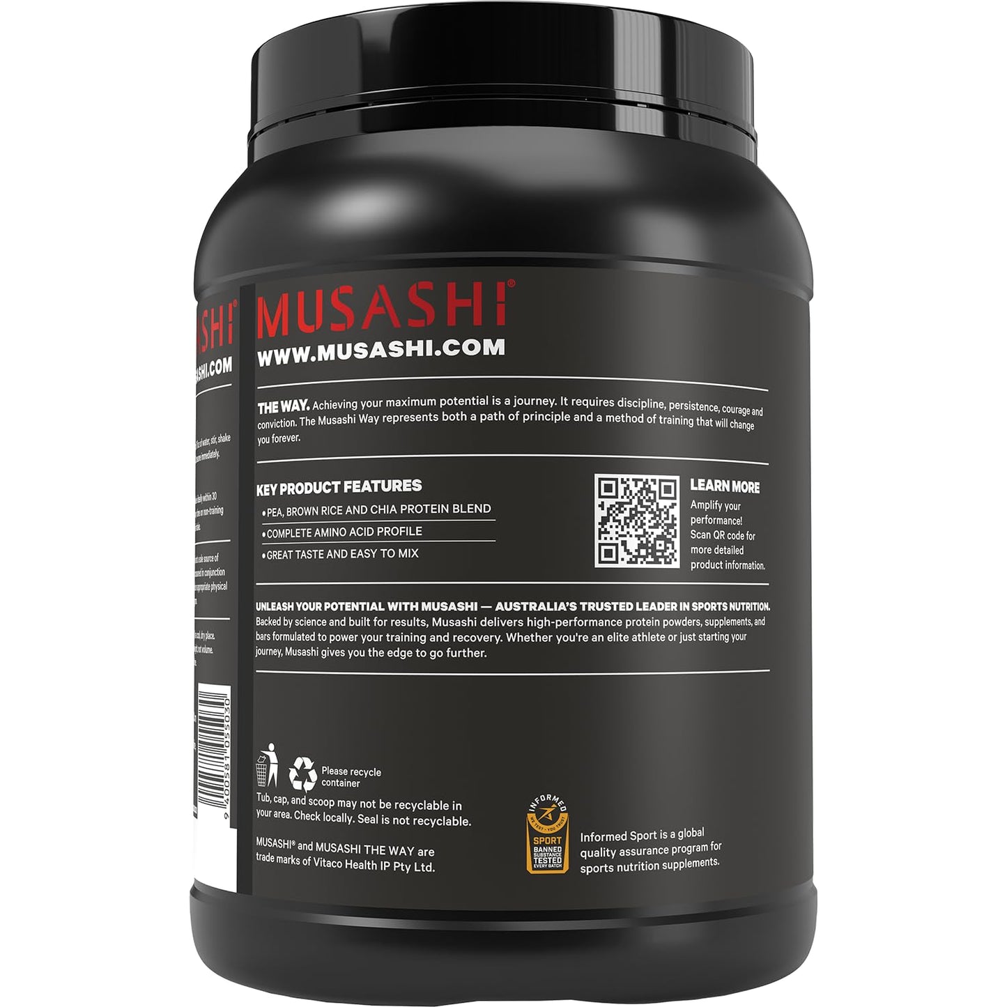 Musashi Plant Protein Powder, Chocolate, 1.98 lb (900 g), 31.75 Servings