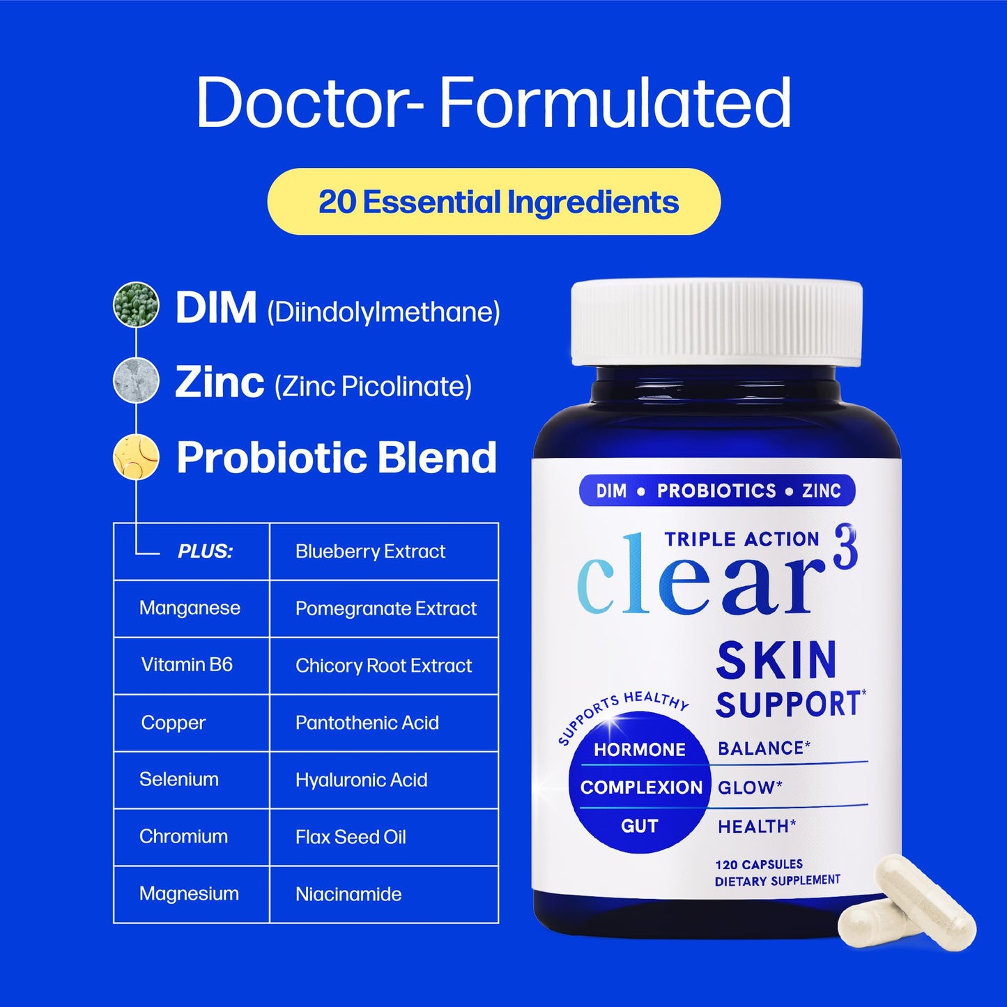 SMNutrition Clear Skin Supplement Acne Support Zinc DIM Probiotics Doctor-Formulated Capsules, 120 Count