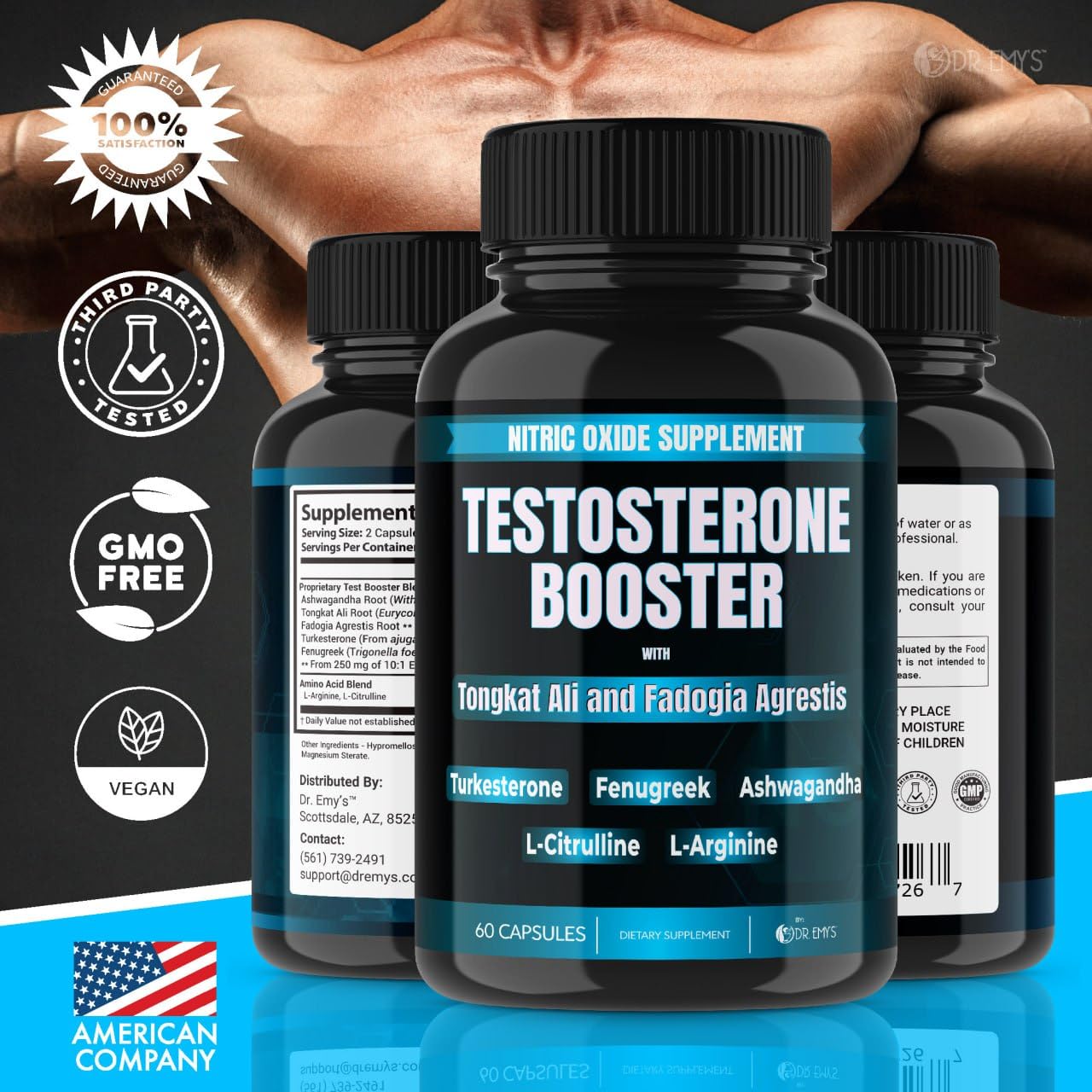 Dr. Emy's Testosterone Booster with Tongkat Ali, Fadogia Agrestis, Nitric Oxide, Ashwagandha, L-Arginine, Citrulline, Fenugreek, Turkesterone Pre-Workout Capsules, 60 Count