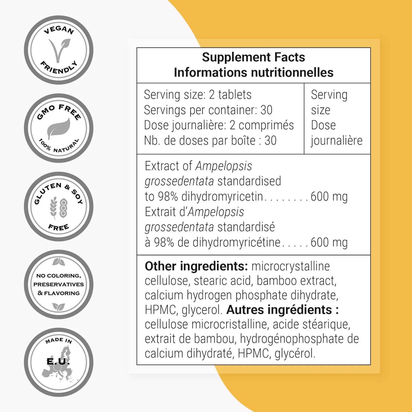 Supersmart Dihydromyricetin 600mg per Day (High Purity, DHM 98%) Ampelopsis Grossedentata Extract, Non-GMO & Gluten Free, 60 Tablets